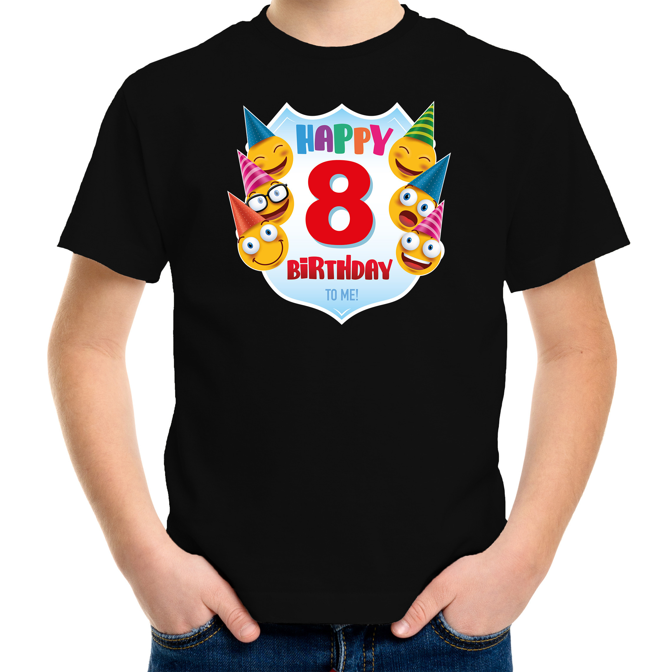 Happy birthday 8e verjaardag t-shirt - shirt 8 jaar met emoticons zwart voor kinderen
