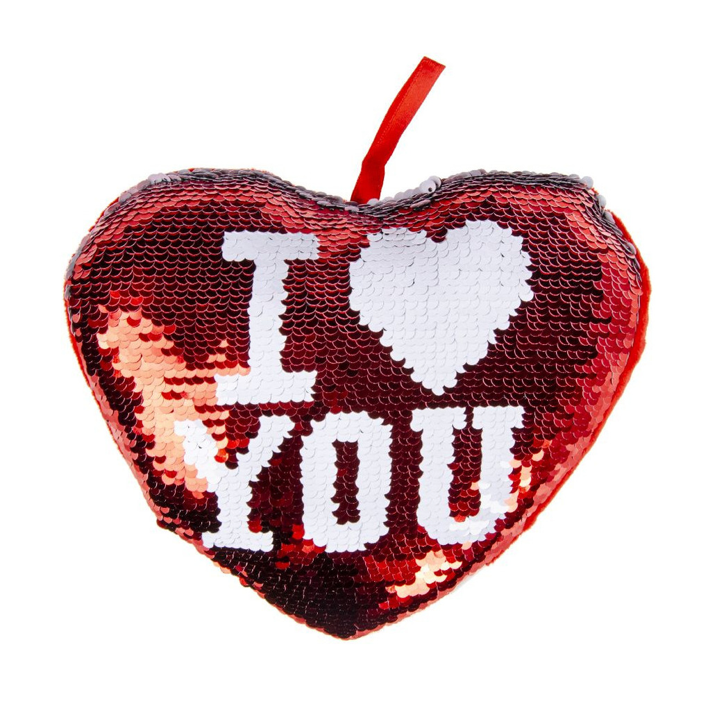 Hartjes kussen I Love You rood metallic met pailletten 20 cm