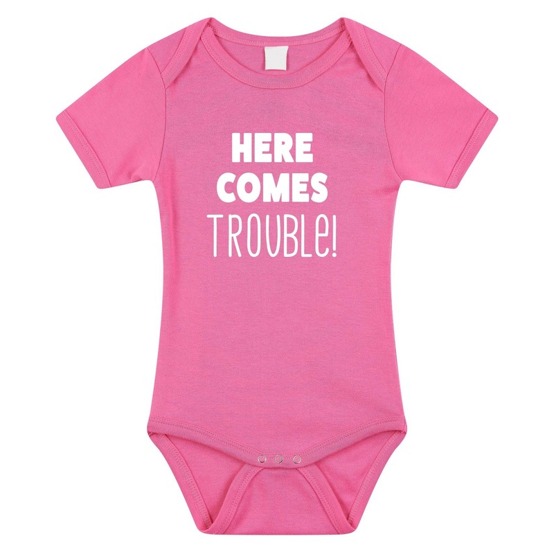 Here comes trouble cadeau baby rompertje roze voor meisjes