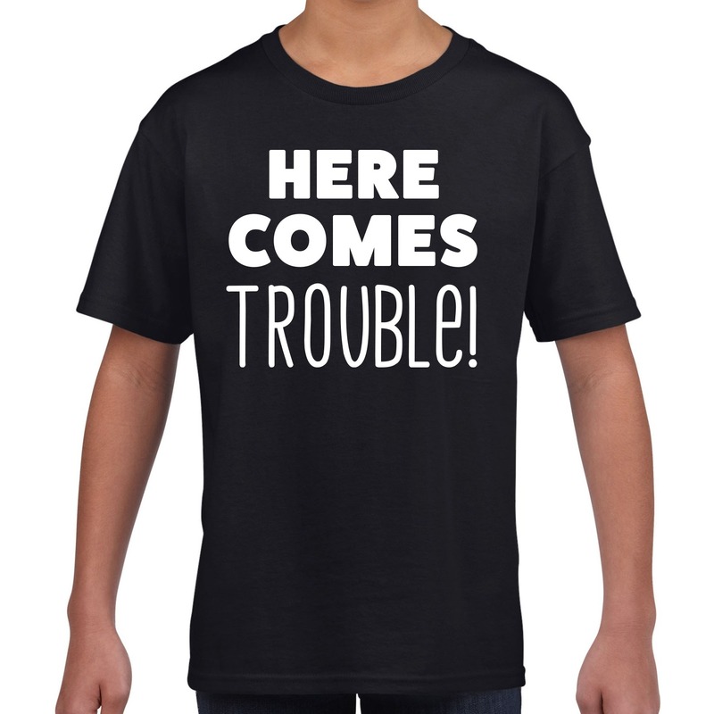 Here comes trouble tekst t-shirt zwart kids