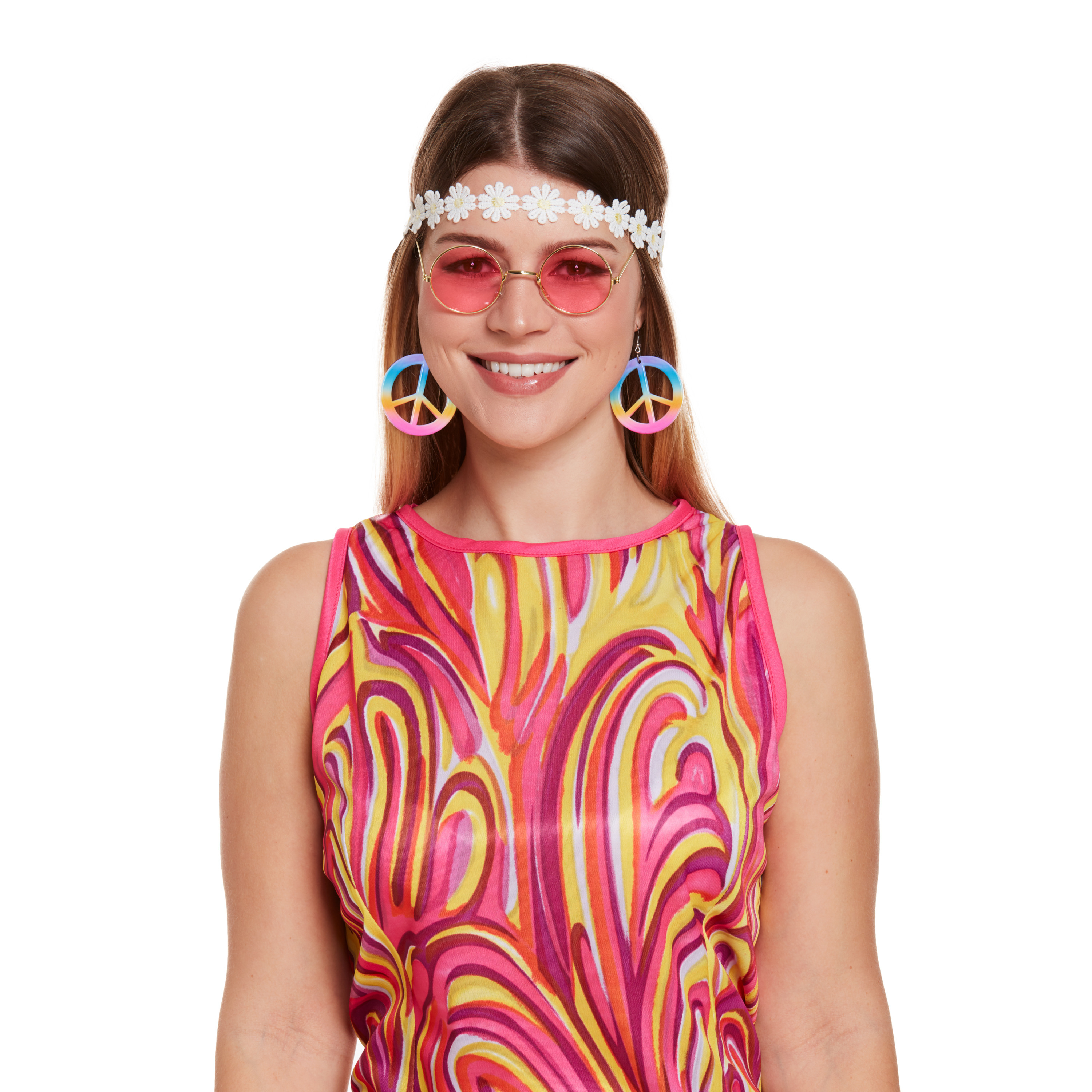 Hippie verkleed accessoire set met haarband roze bril en oorbellen