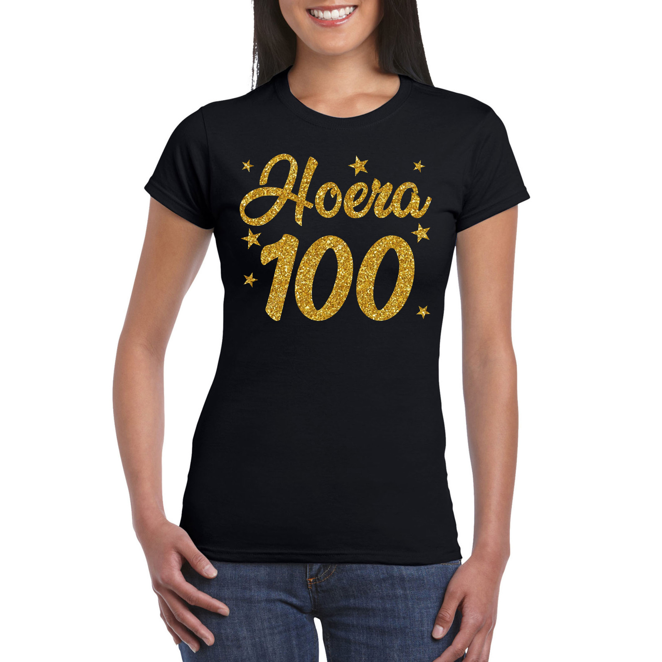 Hoera 100 jaar verjaardag cadeau t-shirt goud glitter op zwart dames