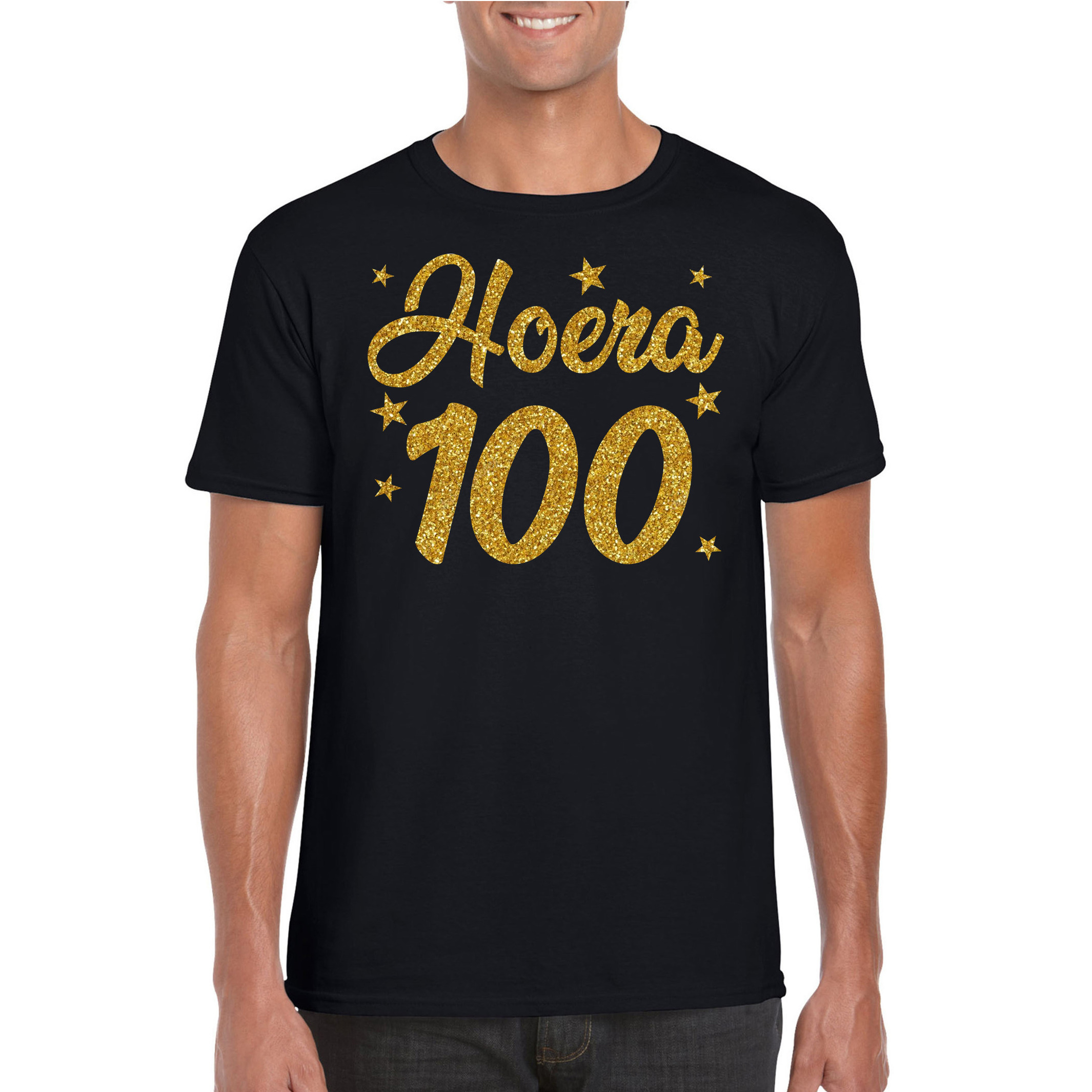 Hoera 100 jaar verjaardag cadeau t-shirt goud glitter op zwart heren