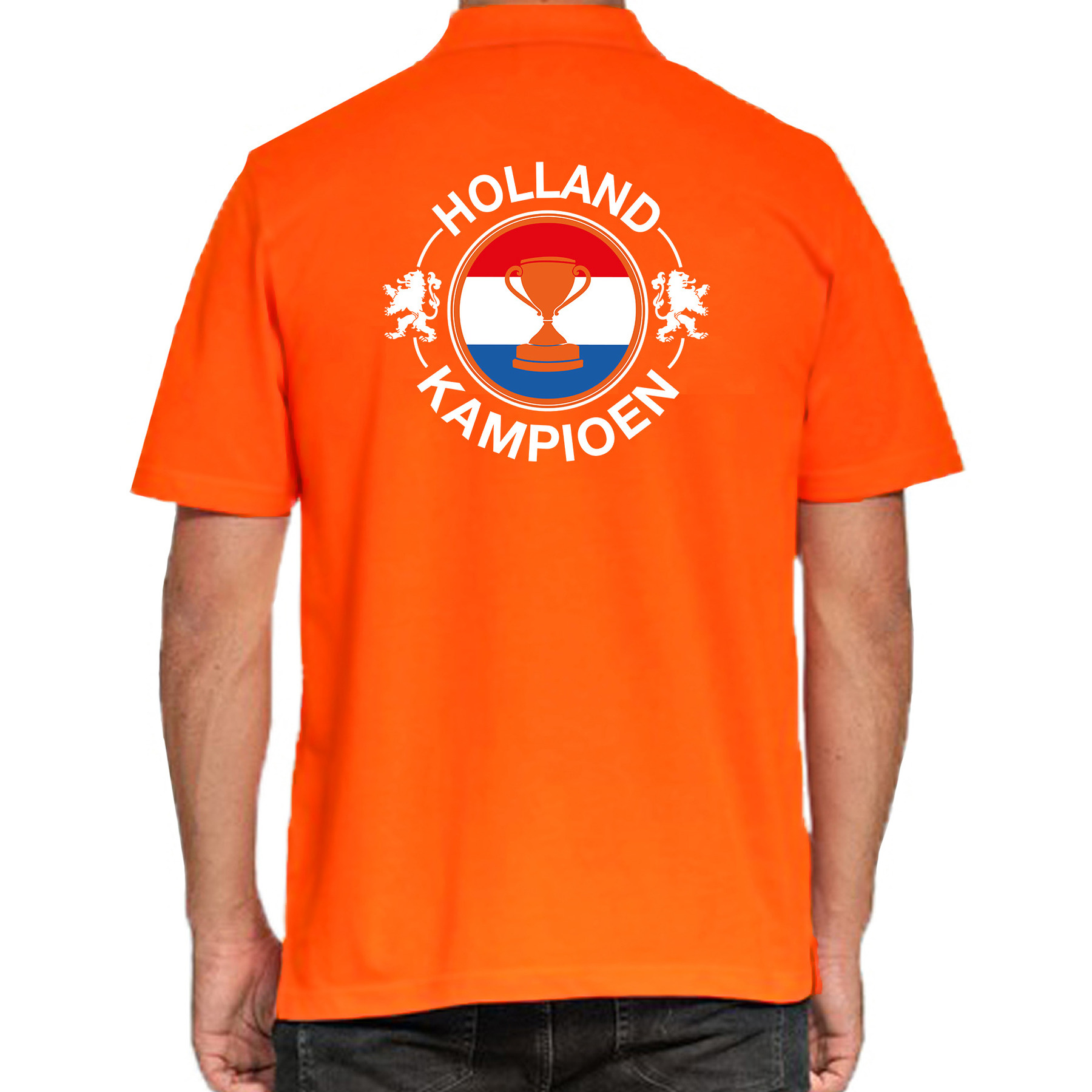 Holland kampioen met beker oranje poloshirt Holland - Nederland supporter EK/ WK voor heren