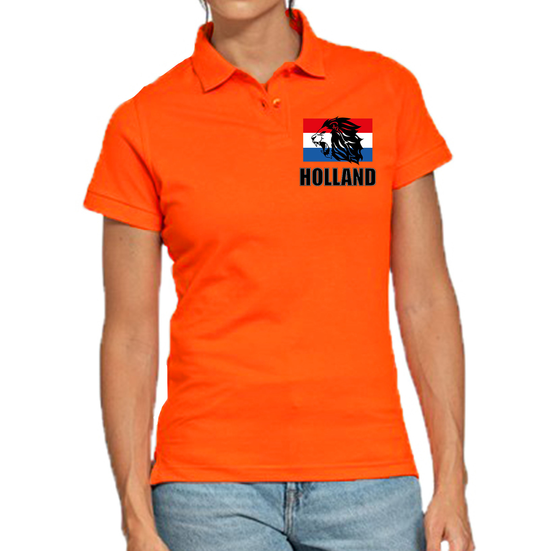 Holland met leeuw en vlag op borst oranje poloshirt Holland - Nederland supporter EK/ WK voor dames