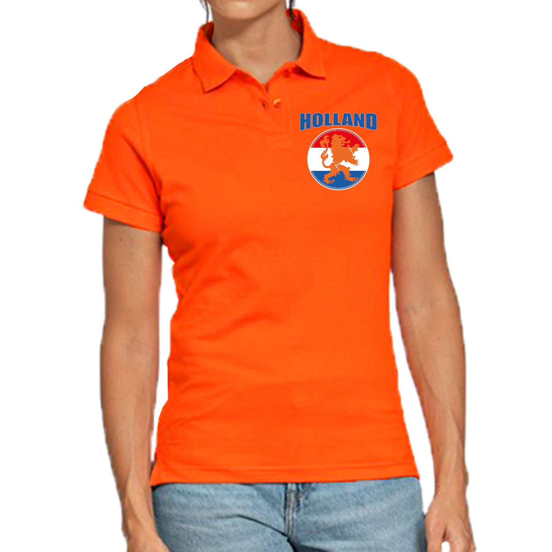 Holland met oranje leeuw op borst oranje poloshirt Holland - Nederland supporter EK/ WK voor dames