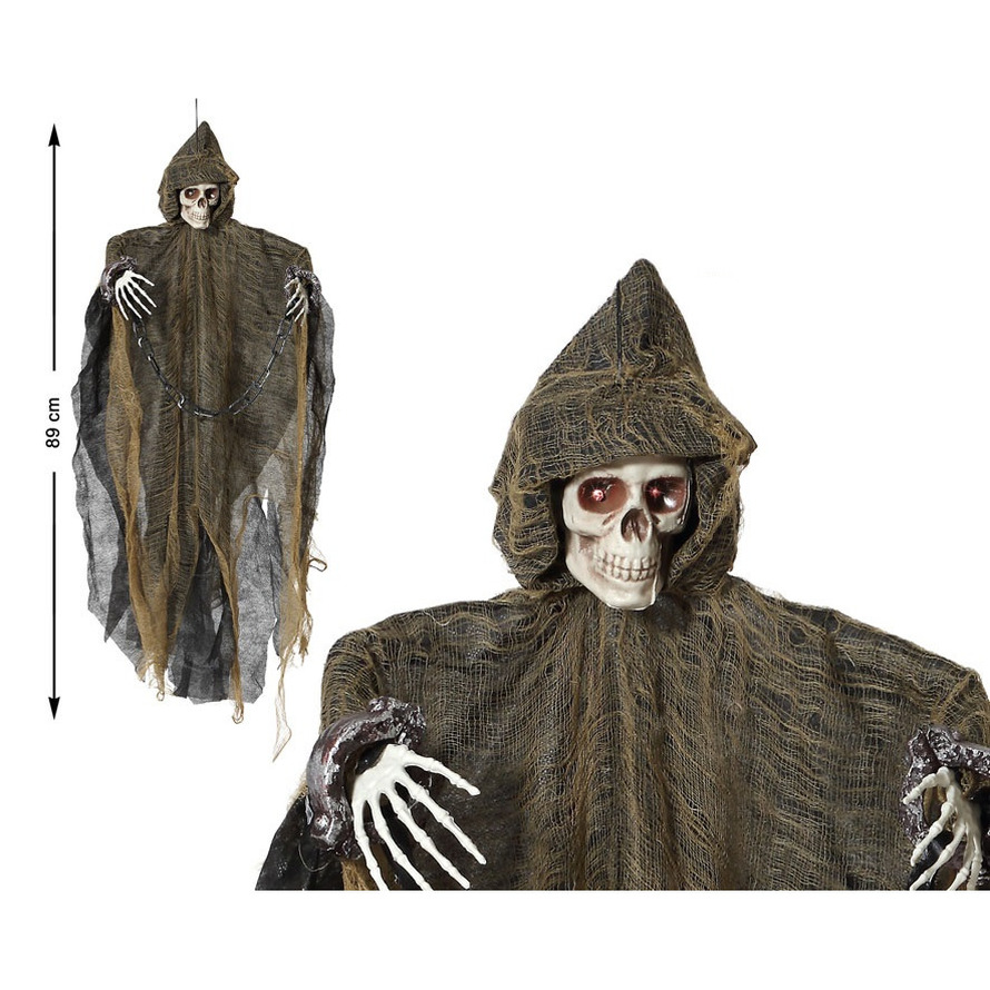 Horror hangdecoratie spook-geest-skelet pop met licht en geluid met geluidssensor 89 cm
