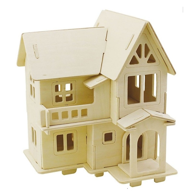 Houten 3D bouwpakket huis met balkon 15 x 17 x 19 cm