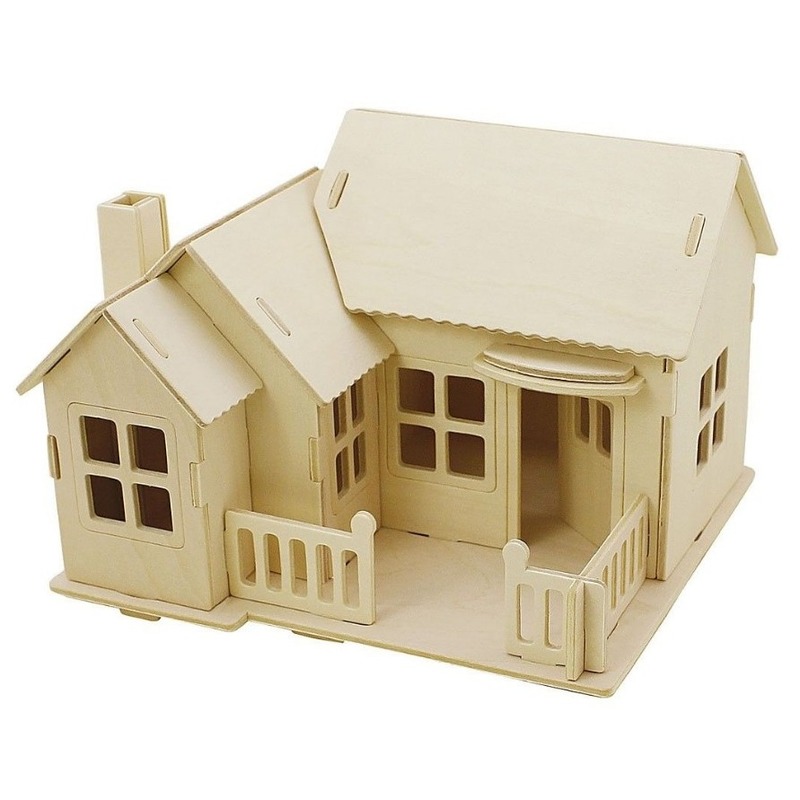 Houten 3D bouwpakket huis met terras 19 x 17 x 15 cm