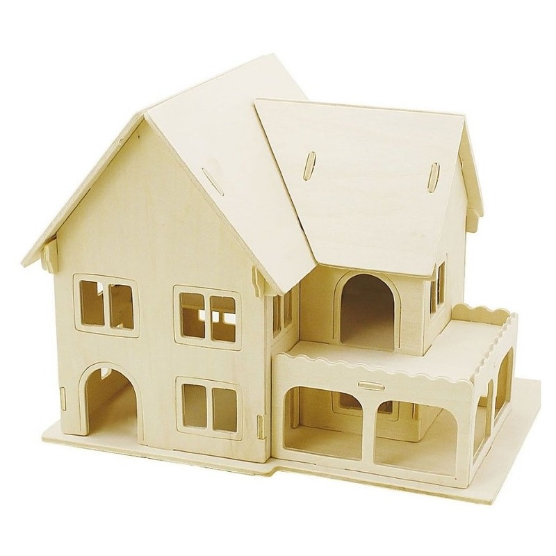 Houten 3D bouwpakket huis met veranda 22 x 16 x 17 cm