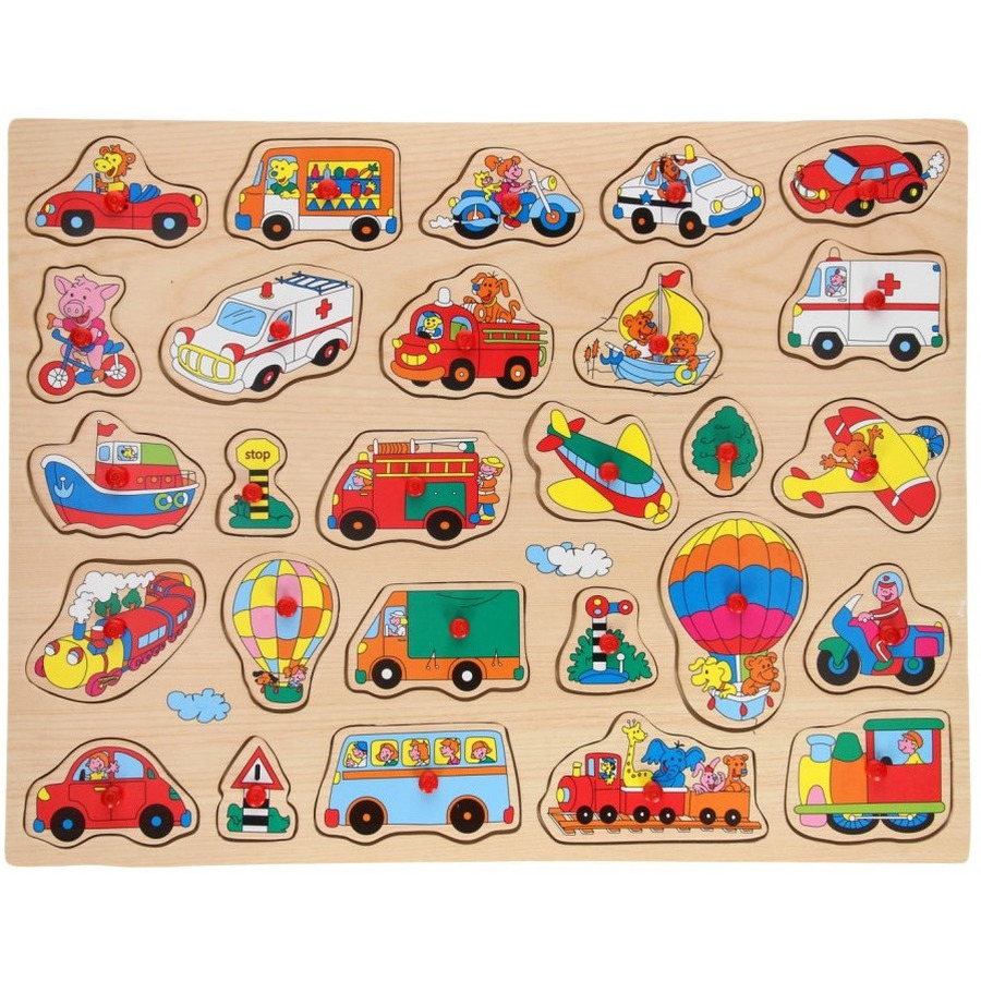 Houten knopjes/noppen puzzel voertuigen thema 45 x 35 cm speelgoed