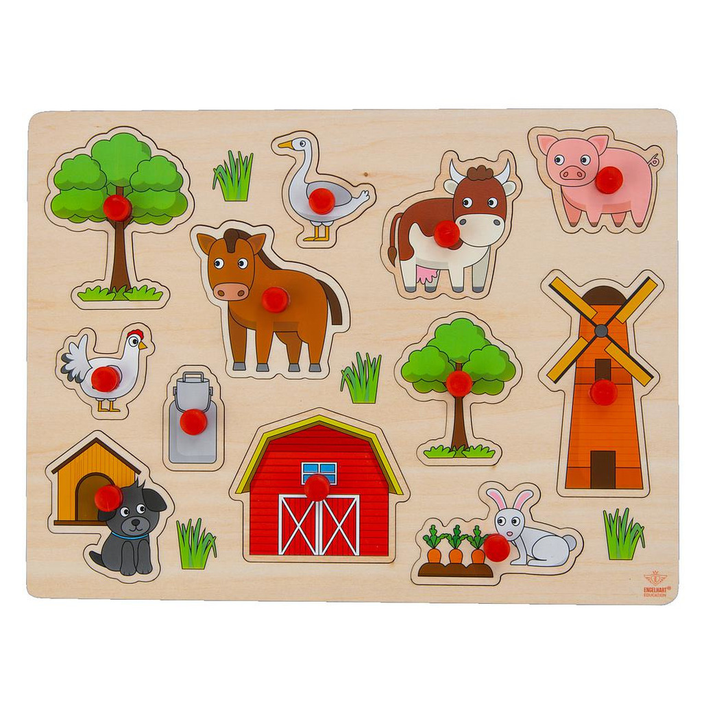 Houten knopjes/noppen speelgoed puzzel boerderij thema 30 x 22 cm