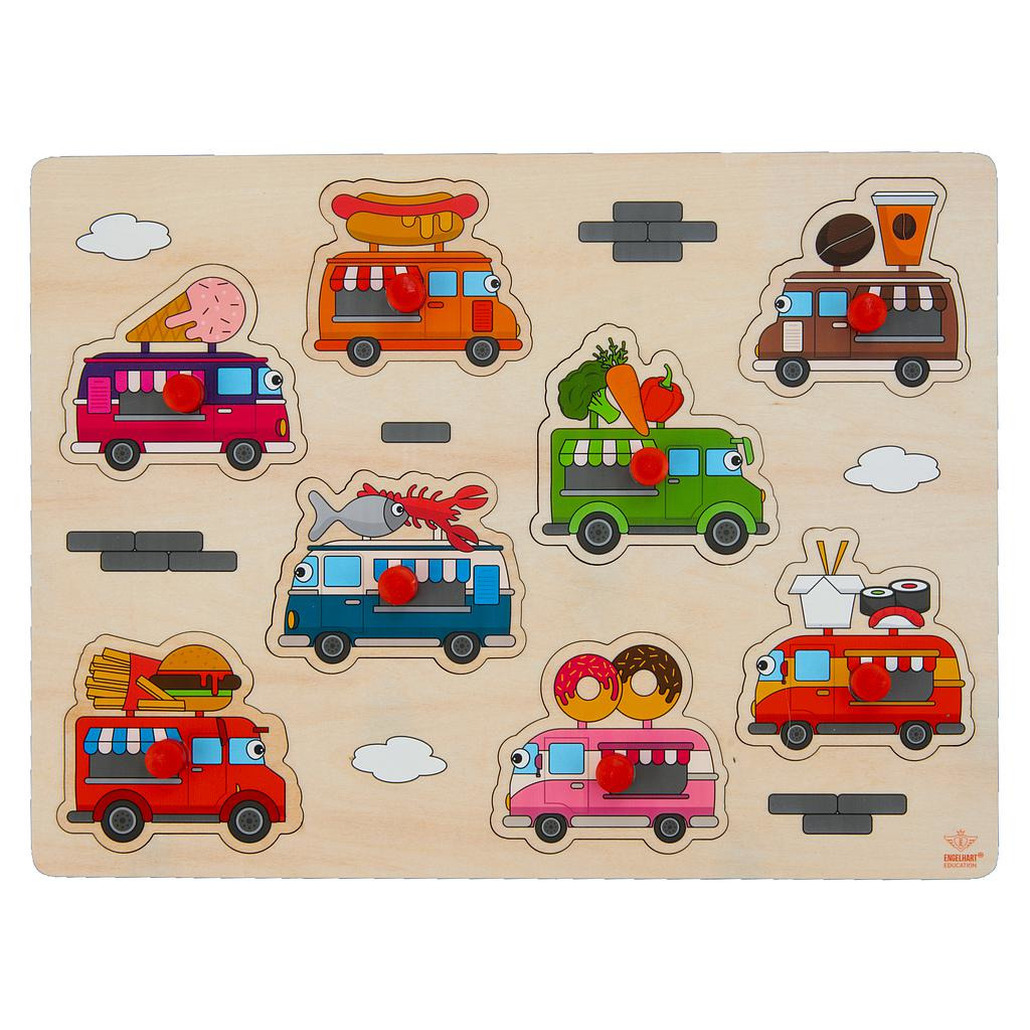 Houten knopjes/noppen speelgoed puzzel foodtruck thema 30 x 22 cm