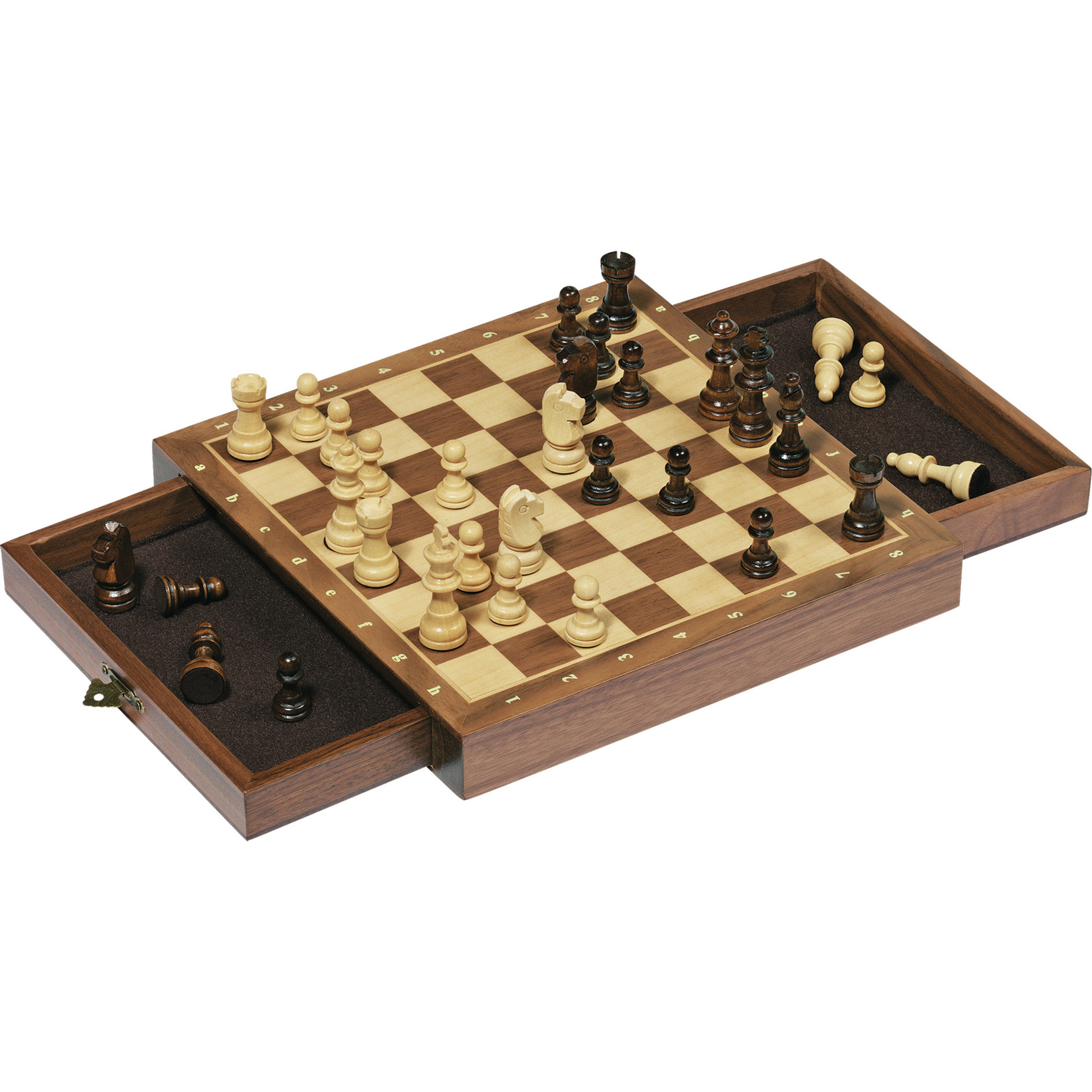 Houten magnetisch schaakbord met schaakstukken en lades 25 x 25 cm