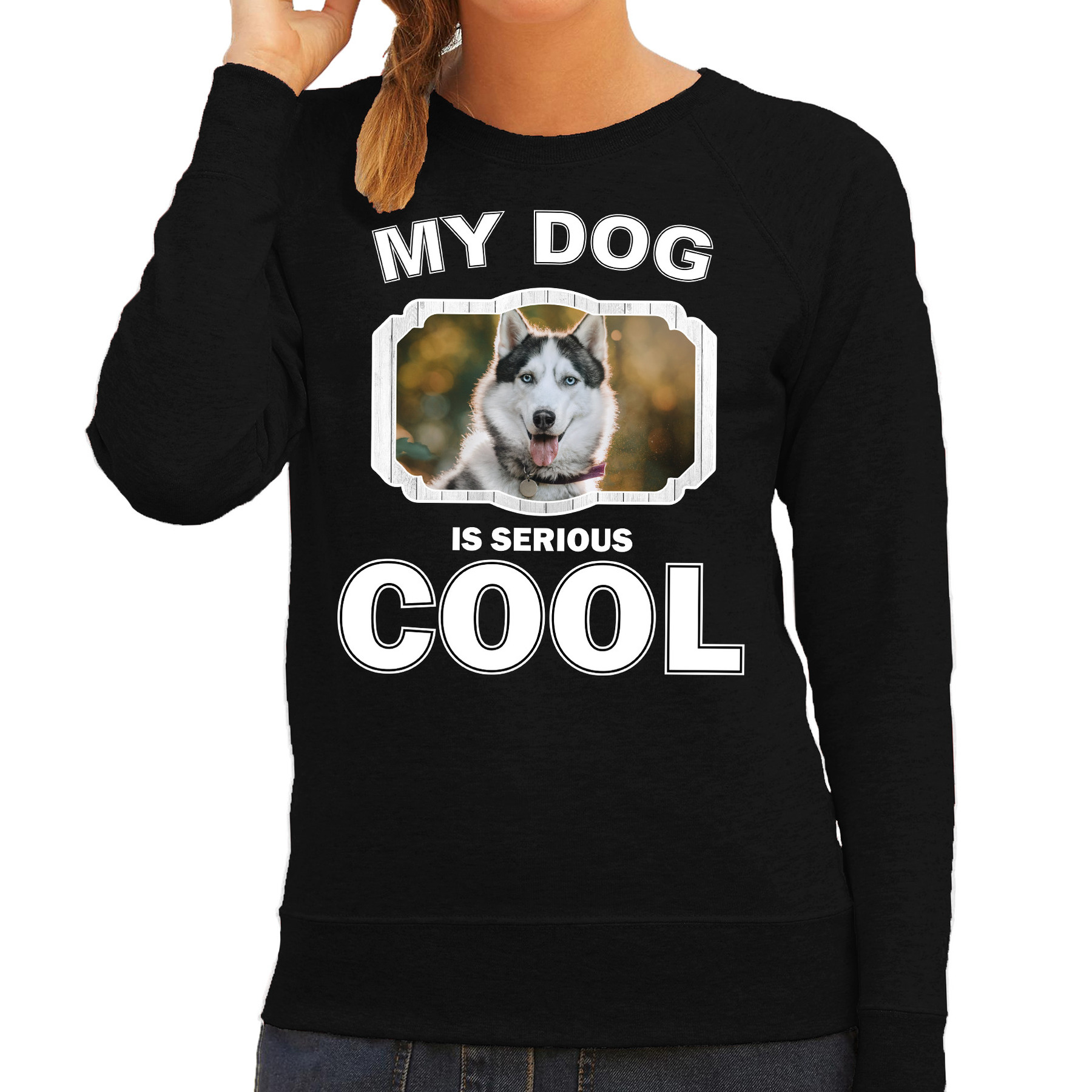 Husky honden sweater-trui my dog is serious cool zwart voor dames
