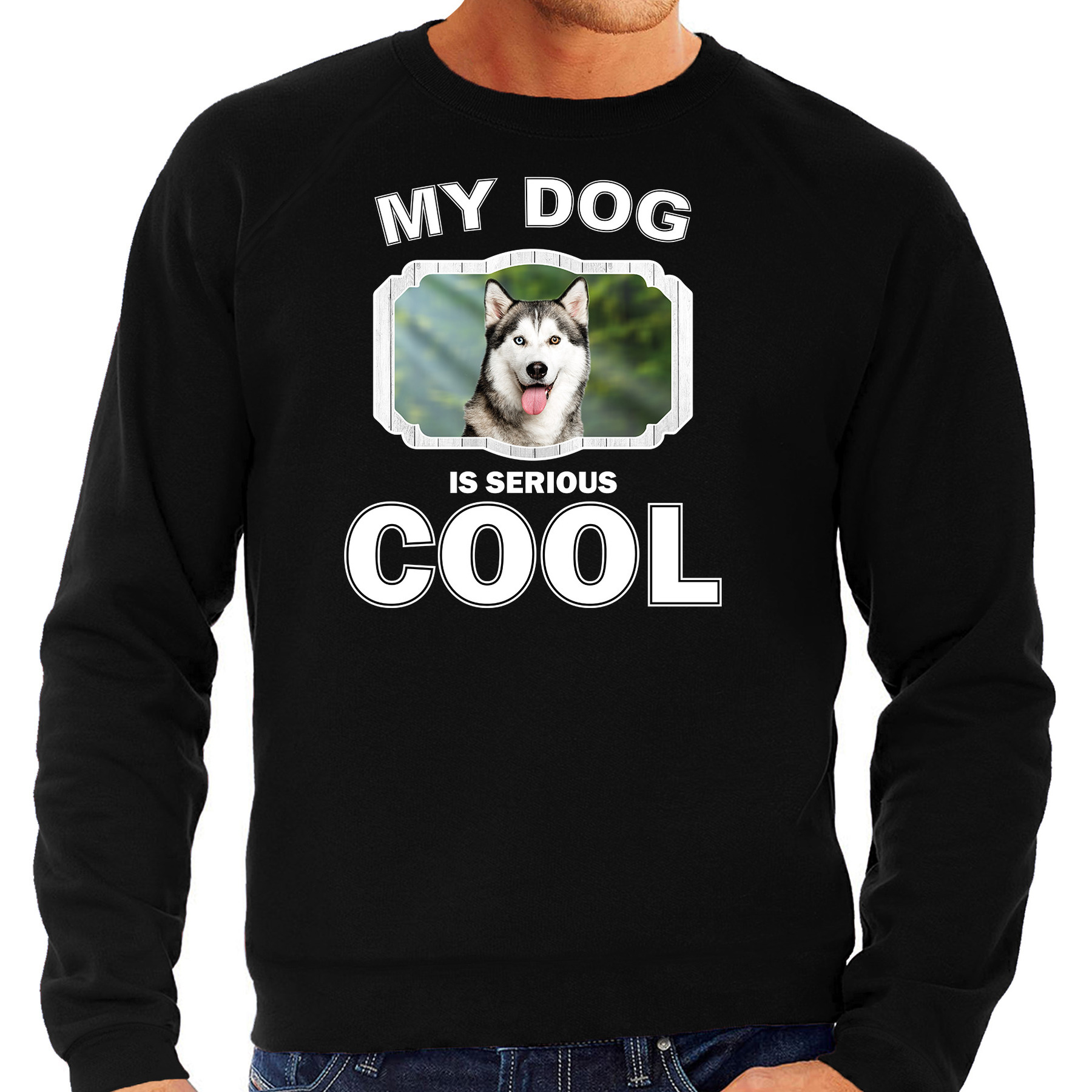 Husky honden sweater-trui my dog is serious cool zwart voor heren