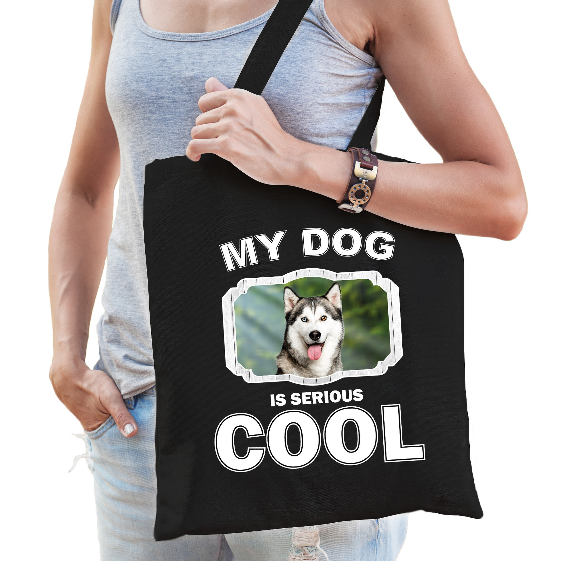 Husky honden tasje zwart volwassenen en kinderen my dog serious is cool kado boodschappentasje