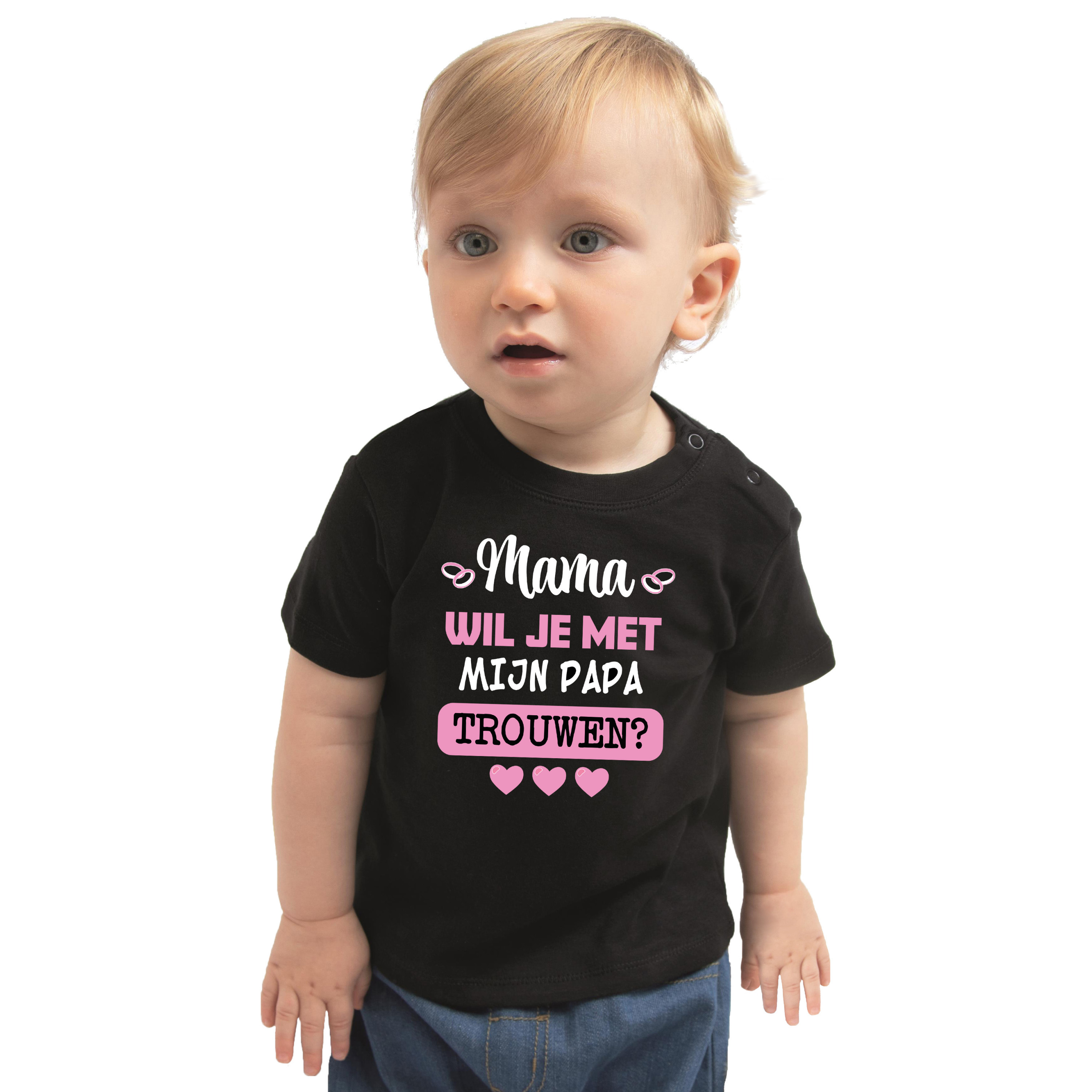 Huwelijksaanzoek baby t-shirt - Mama/Papa - zwart - bruiloft/trouwen