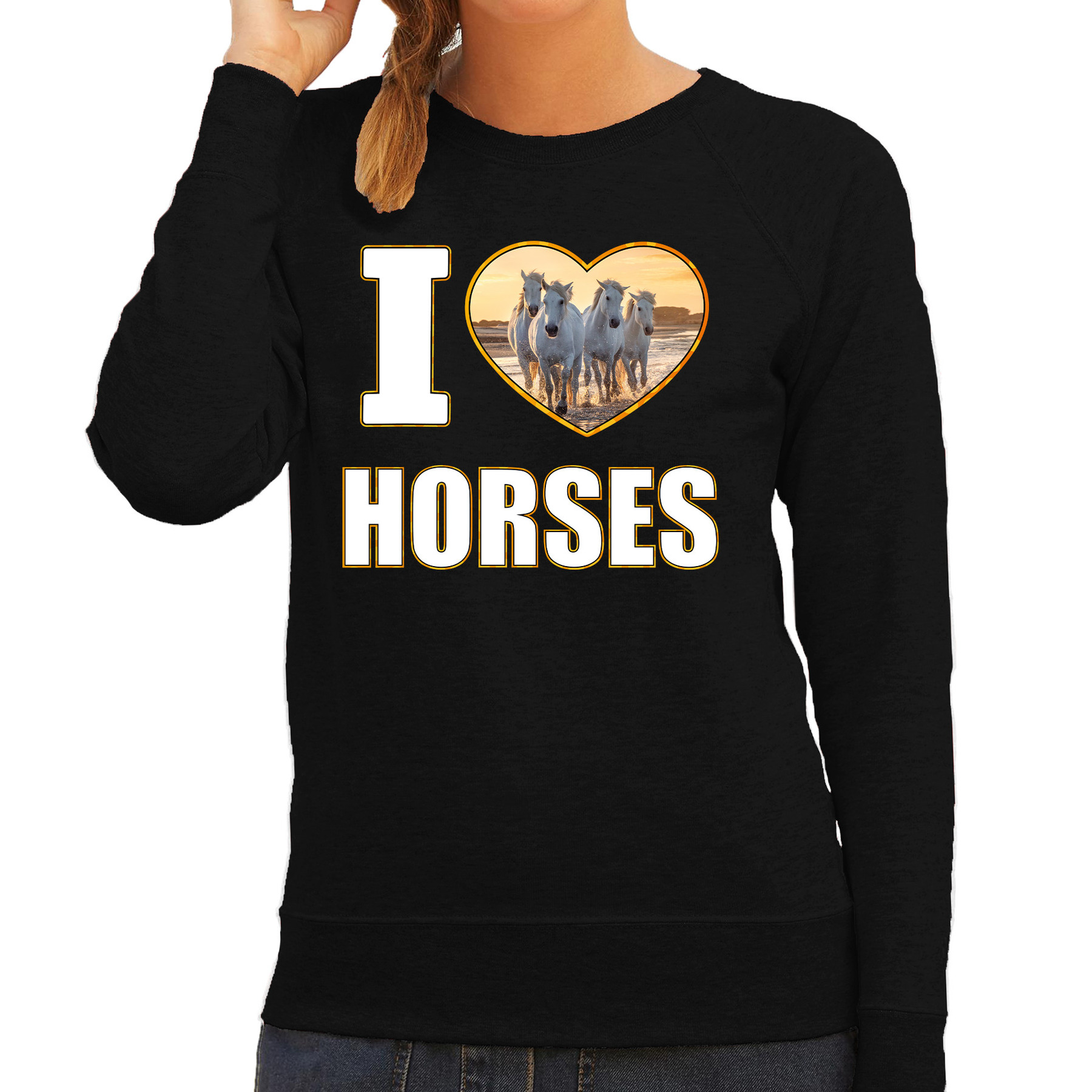 I love horses sweater - trui met dieren foto van een wit paard zwart voor dames