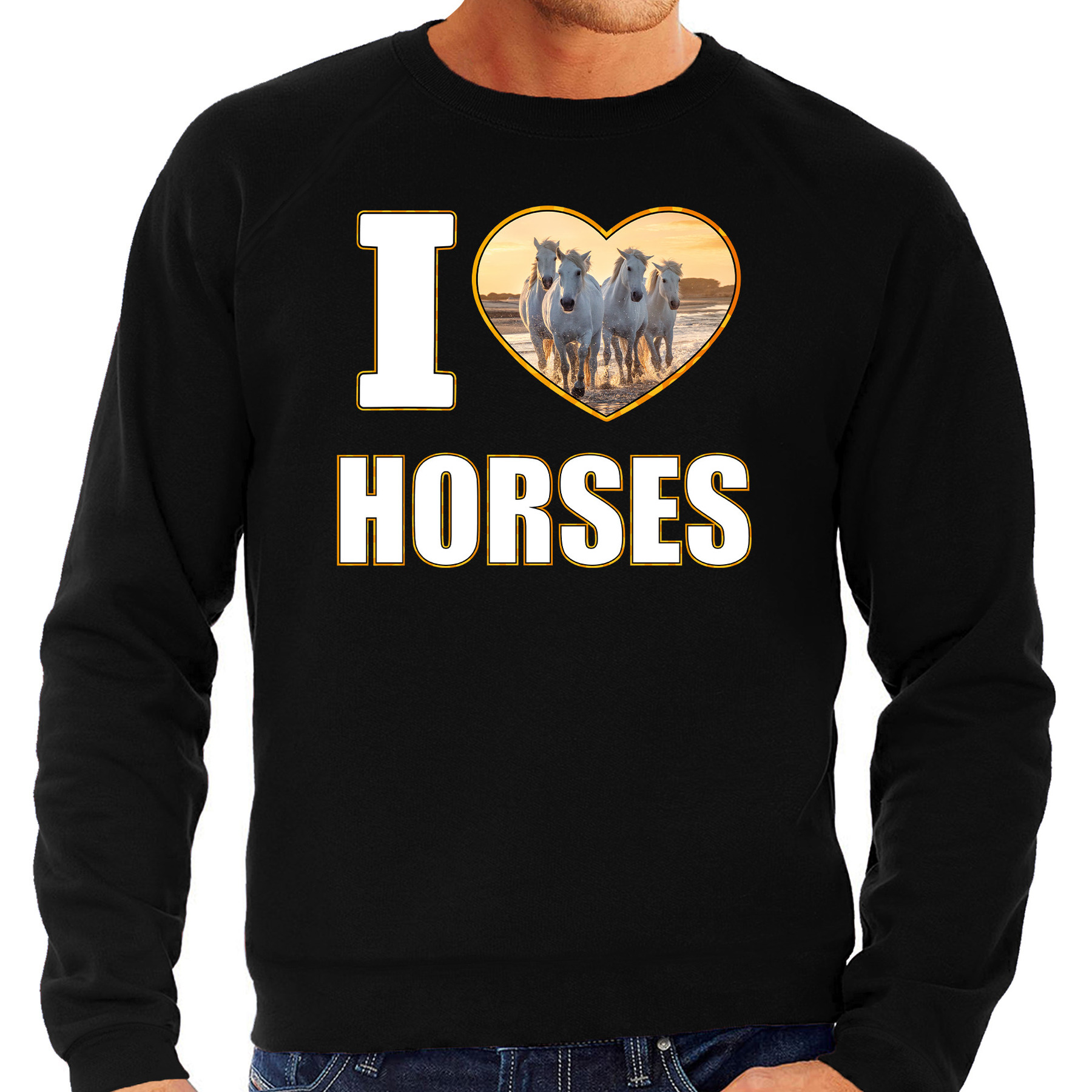 I love horses sweater - trui met dieren foto van een wit paard zwart voor heren