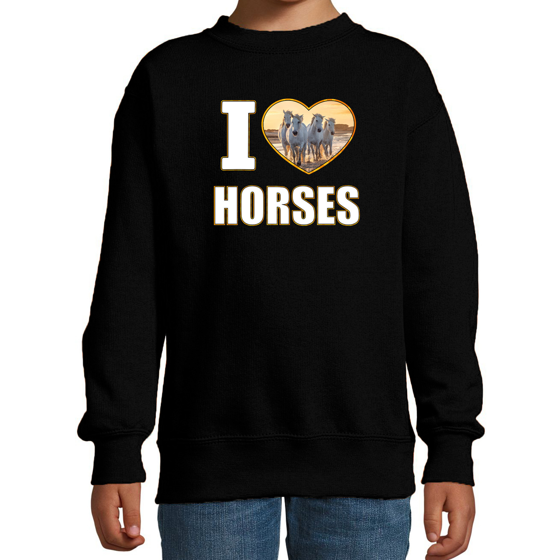 I love horses sweater - trui met dieren foto van een wit paard zwart voor kinderen