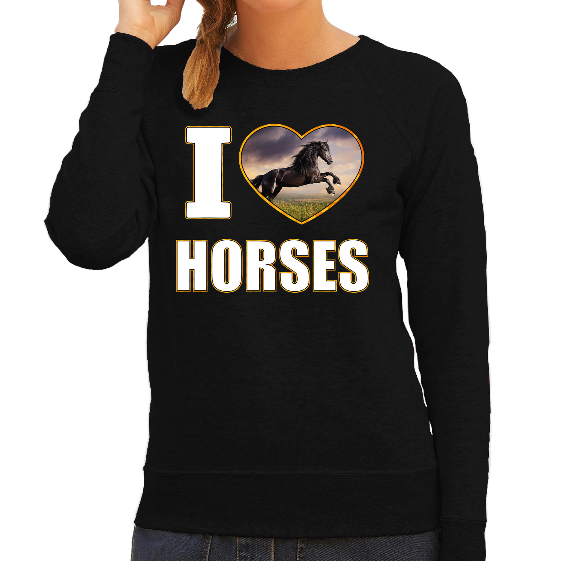 I love horses sweater - trui met dieren foto van een zwart paard zwart voor dames