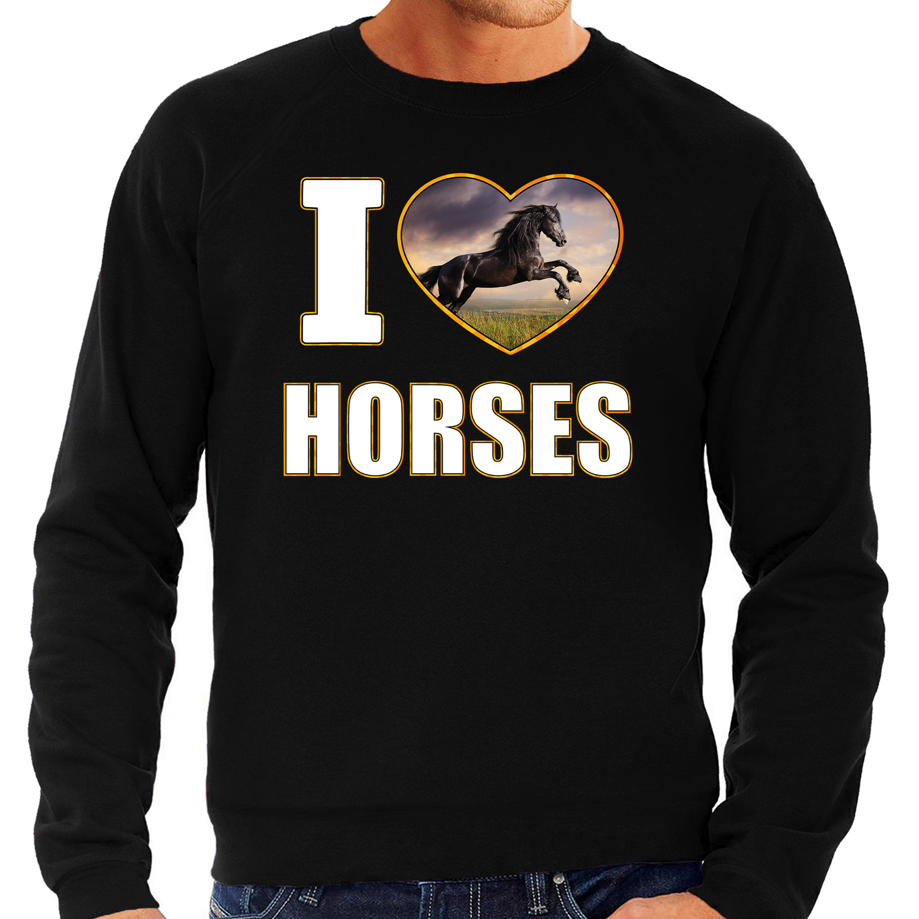 I love horses sweater - trui met dieren foto van een zwart paard zwart voor heren
