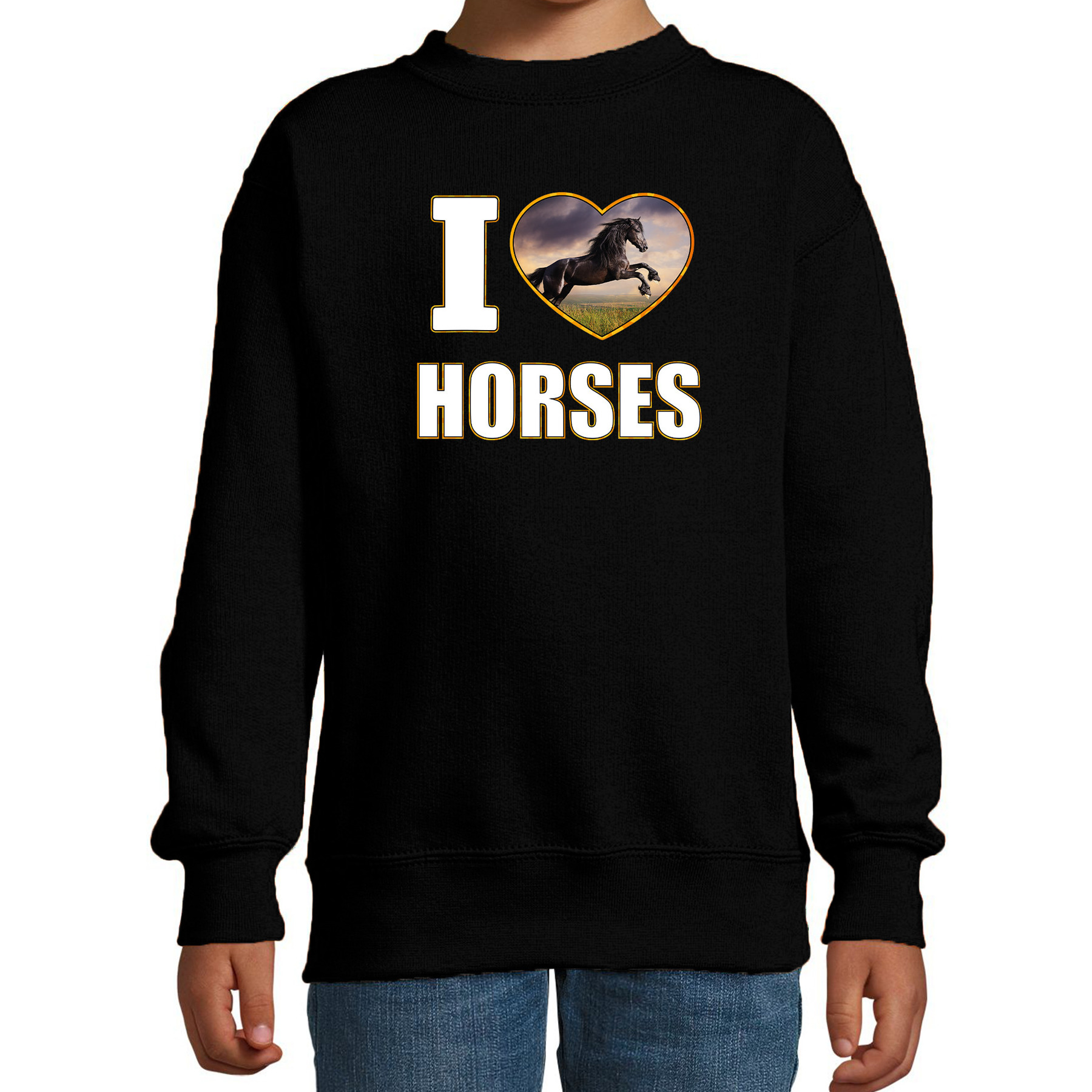 I love horses sweater - trui met dieren foto van een zwart paard zwart voor kinderen