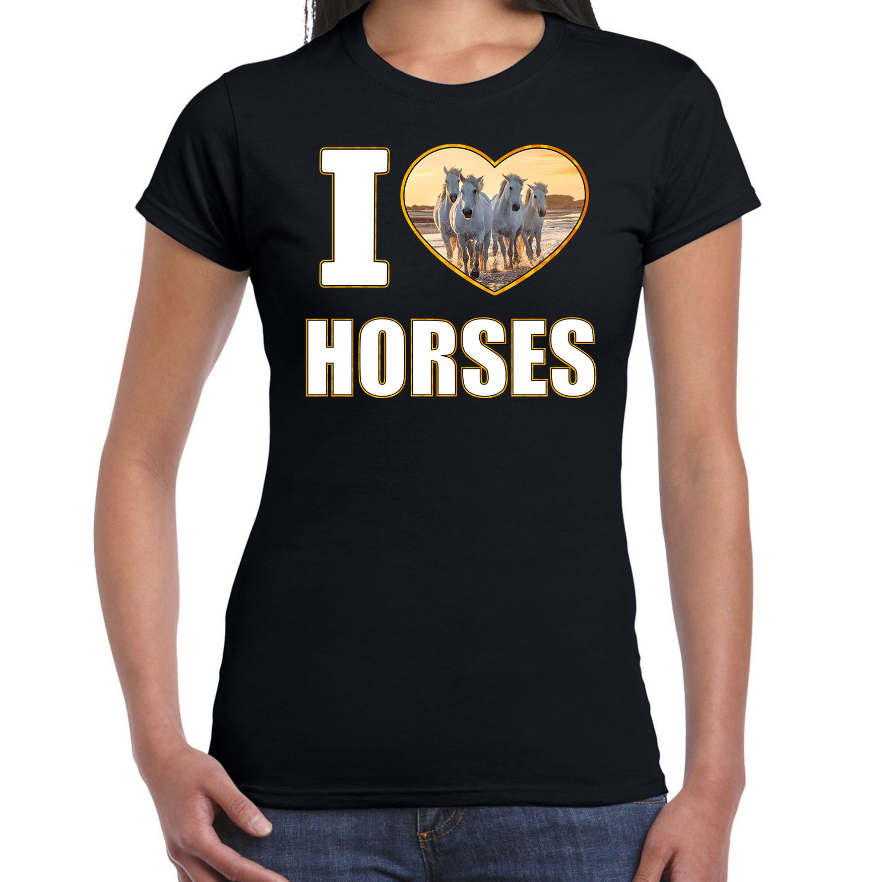 I love horses t-shirt met dieren foto van een wit paard zwart voor dames