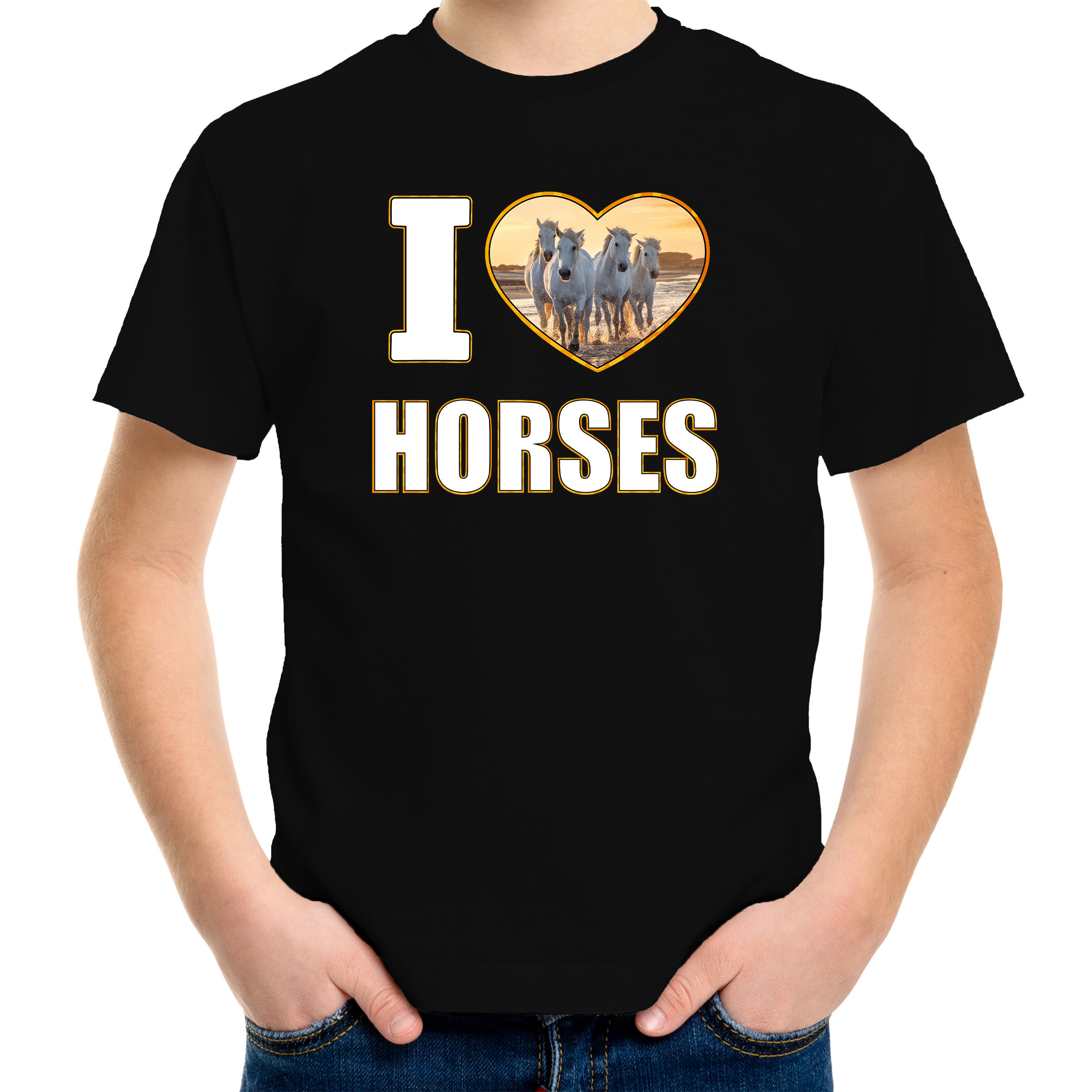 I love horses t-shirt met dieren foto van een wit paard zwart voor kinderen