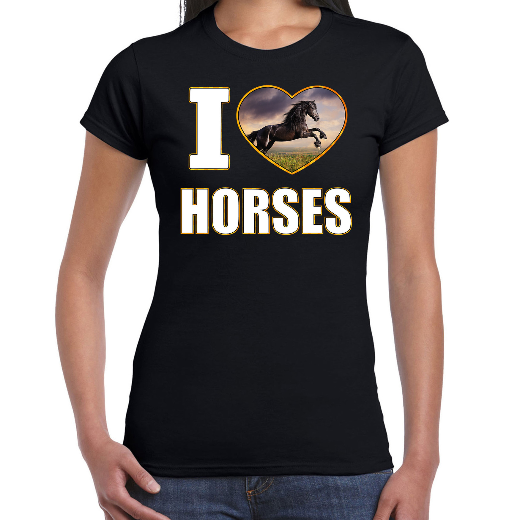 I love horses t-shirt met dieren foto van een zwart paard zwart voor dames