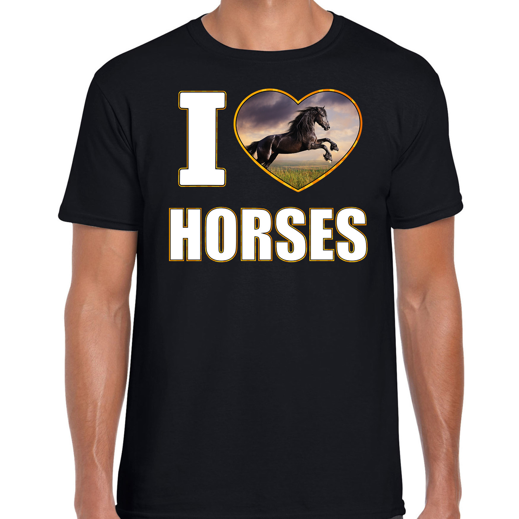 I love horses t-shirt met dieren foto van een zwart paard zwart voor heren