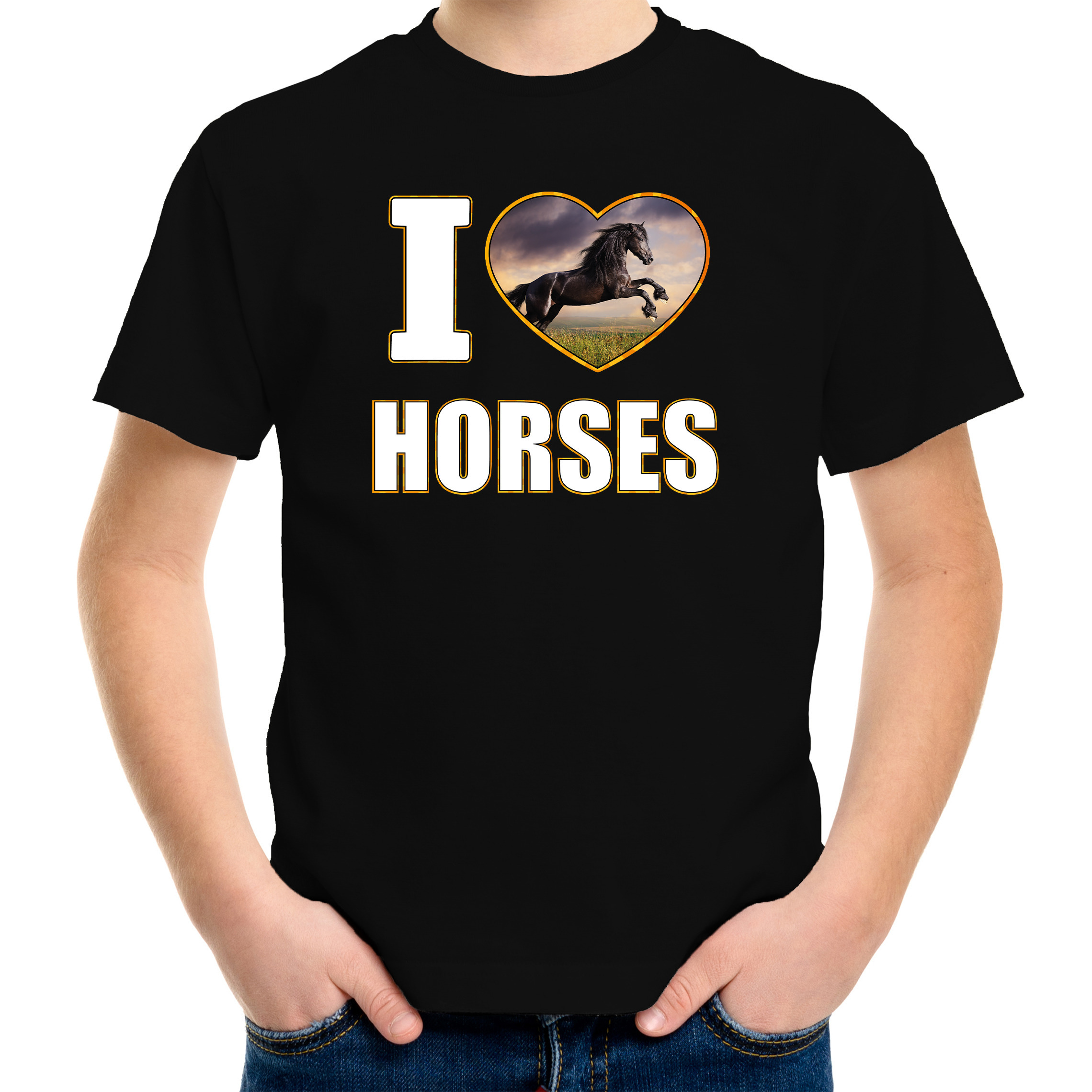 I love horses t-shirt met dieren foto van een zwart paard zwart voor kinderen