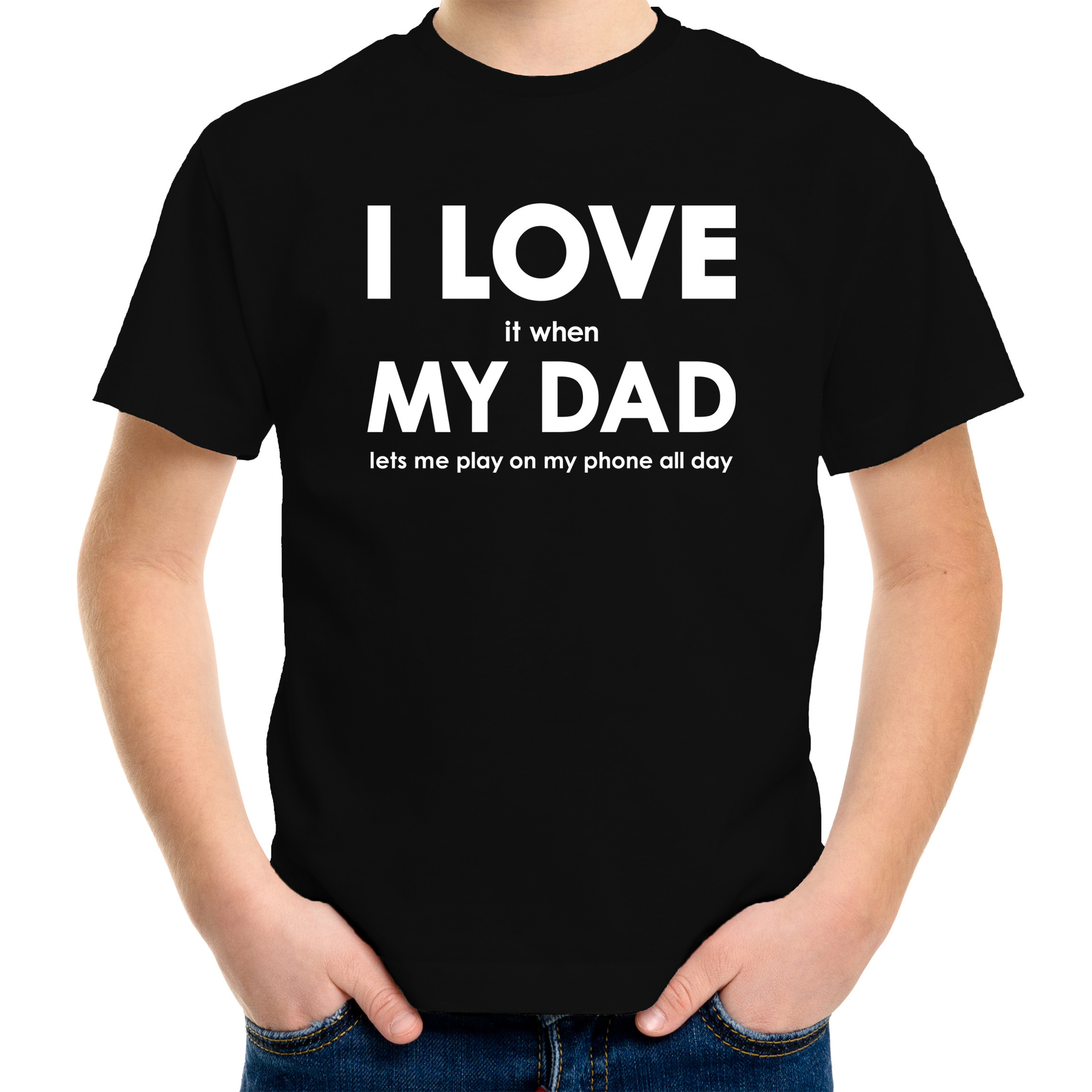 I love it when my dad lets me play on my phone all day t-shirt zwart voor kids