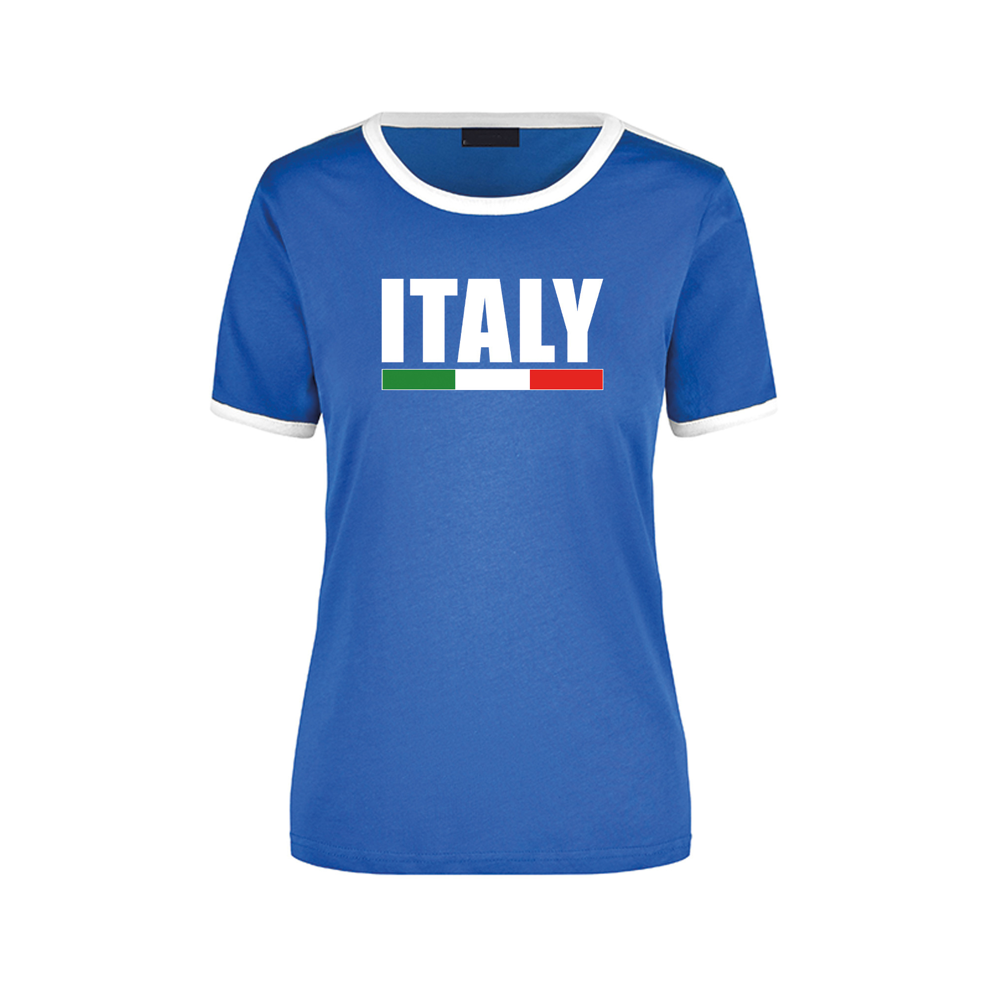 Italy supporter blauw - wit ringer t-shirt Italie met vlag voor dames