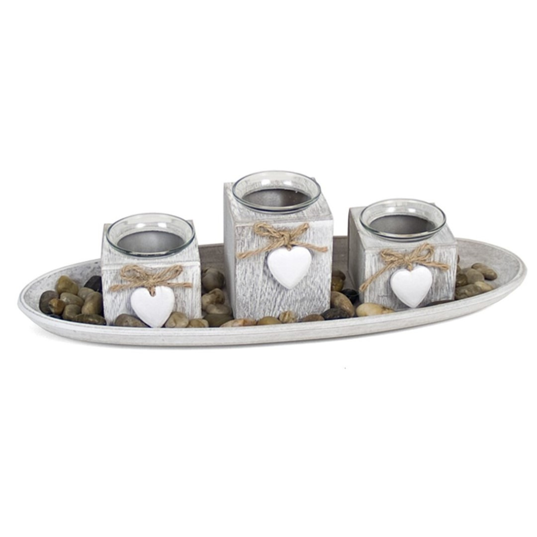 Kaarsen plateau/bord met 3 kaarsenhouders en deco stenen voor theelichtjes