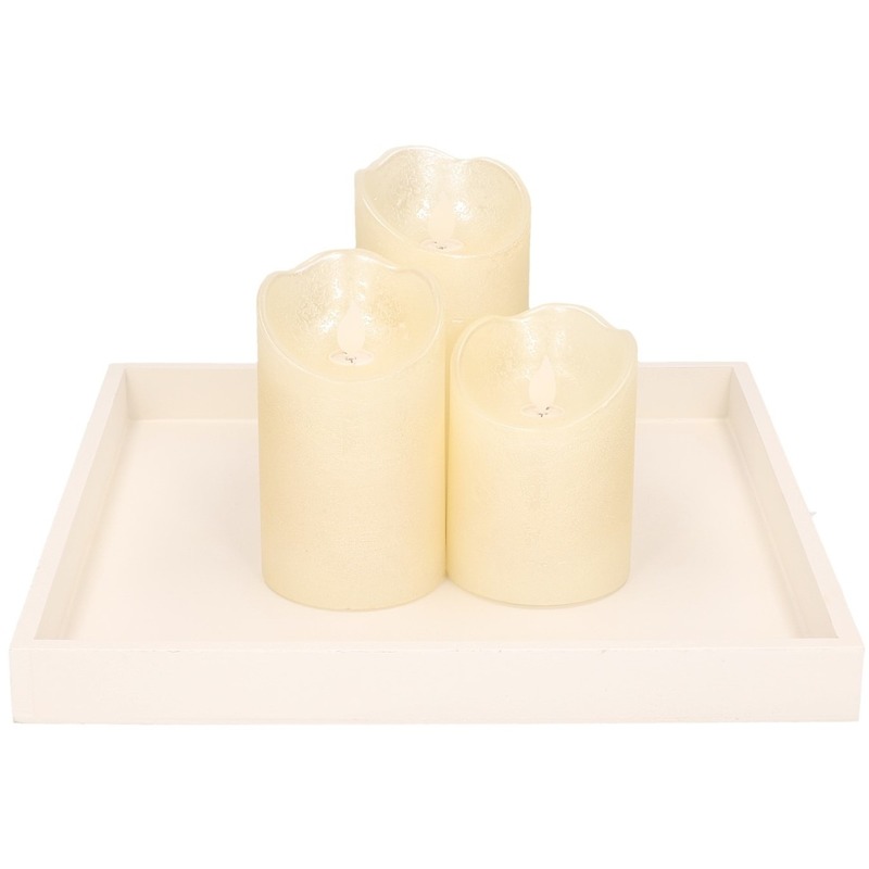 Kaarsenonderbord/plateau wit hout met 3x LED kaarsen parelmoer