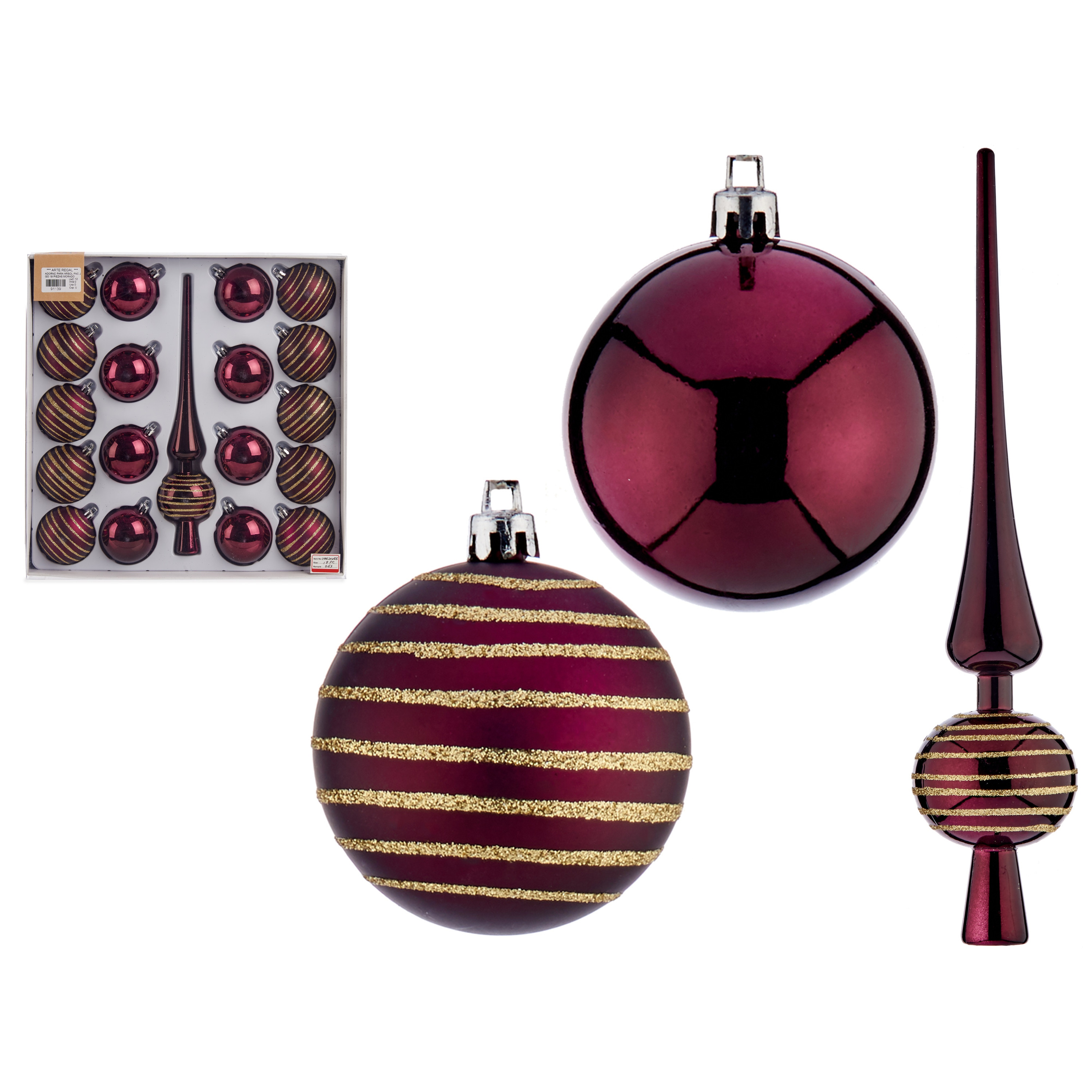 Kerstballen 6 cm met piek 19-delig wijn rood-bordeaux kunststof