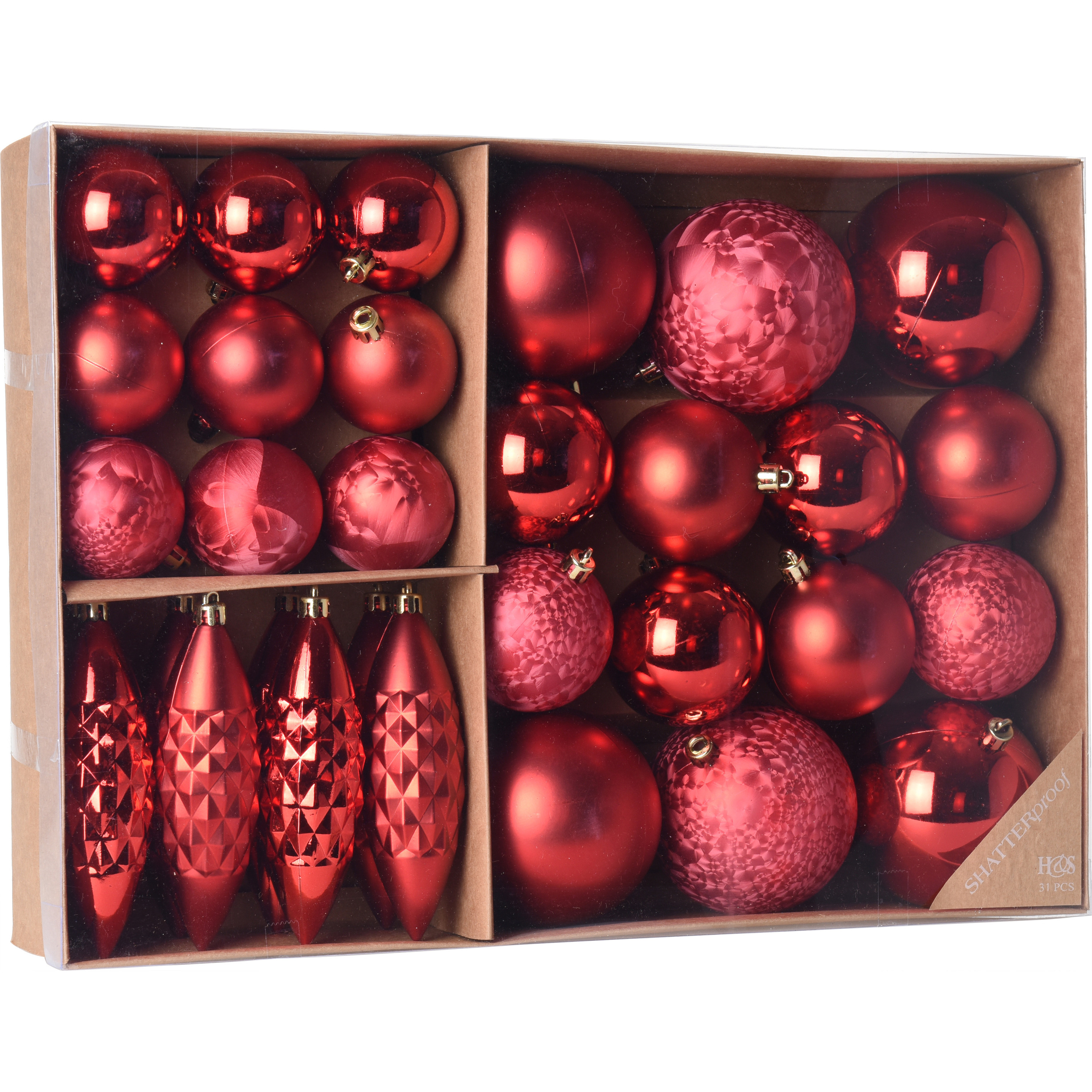 Kerstballen-ornamenten pakket 31x rode kunststof kerstballen mix