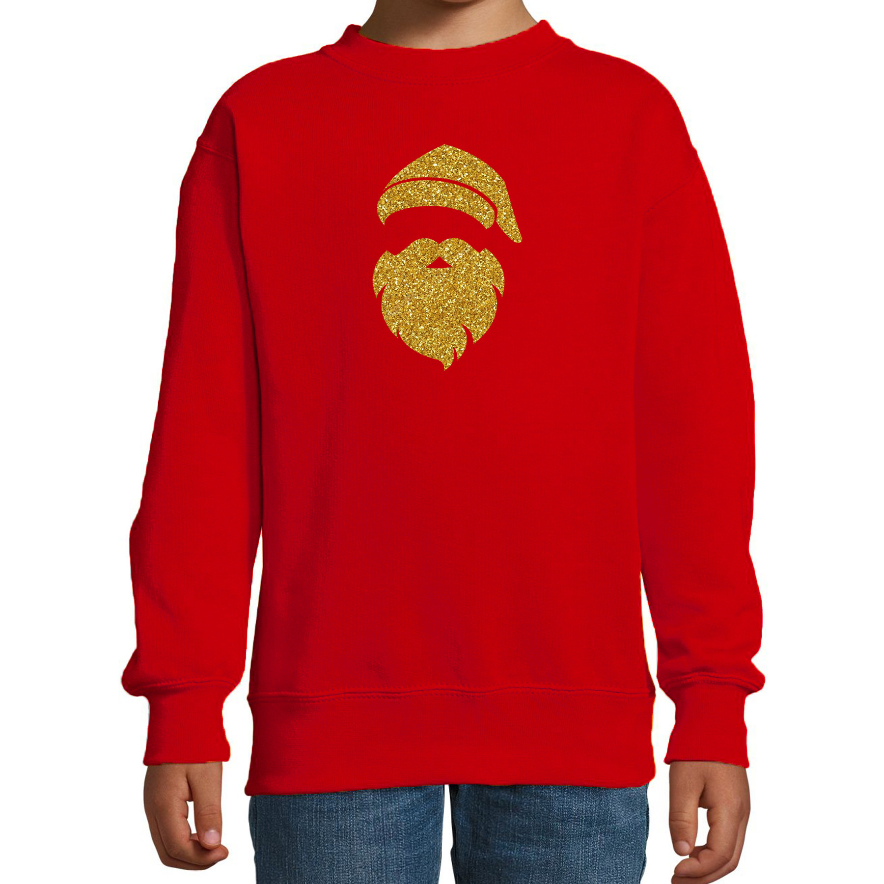 Kerstman hoofd Kerstsweater - Kersttrui rood voor kinderen met gouden glitter bedrukking