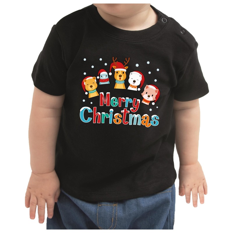 Kerstshirt Merry Christmas diertjes zwart peuter jongen/meisje