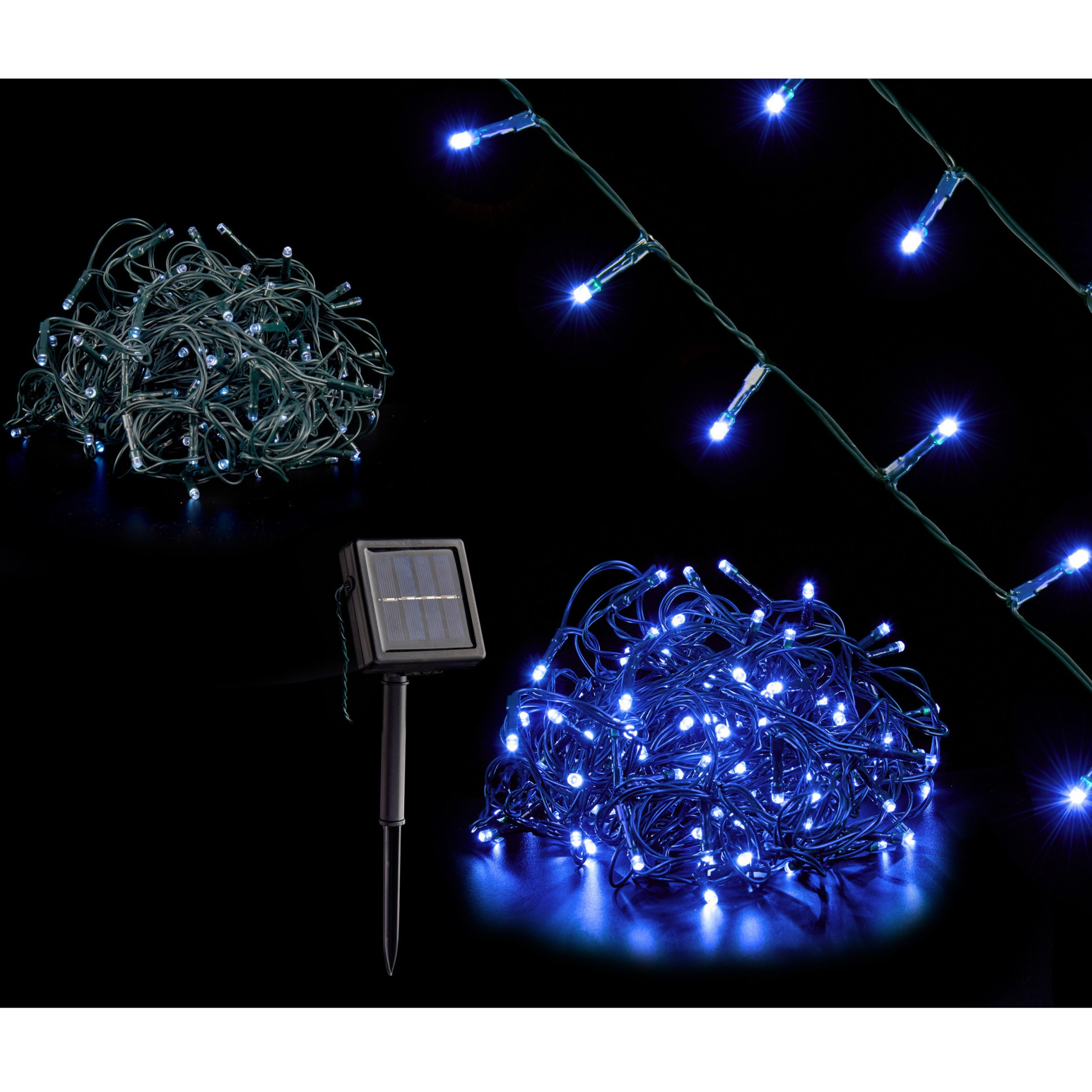 Kerstverlichting/party lights 200 blauwe LED lampjes op zonne-energie