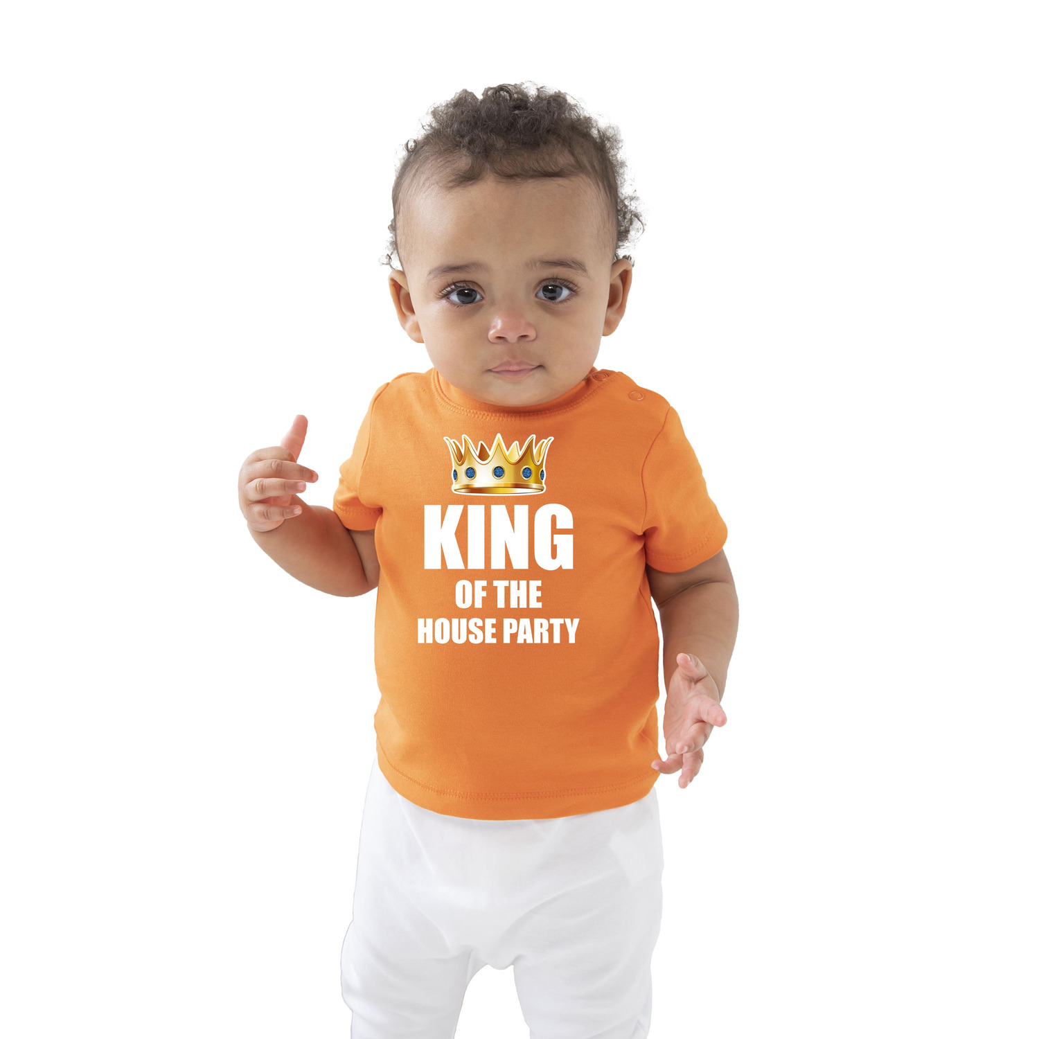 King of the house party met kroon Koningsdag t-shirt oranje baby/peuter voor jongens