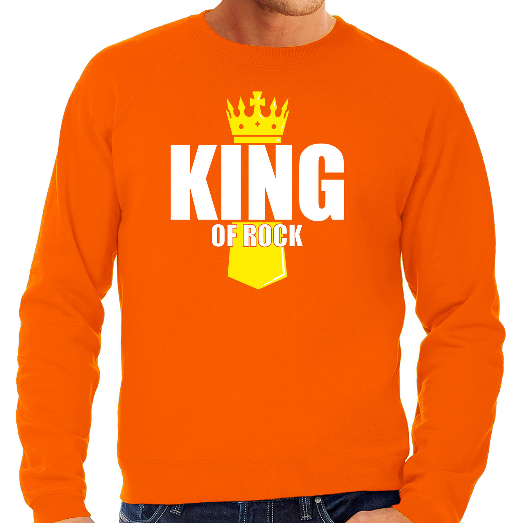 Koningsdag sweater - trui King of rock met kroontje oranje voor heren