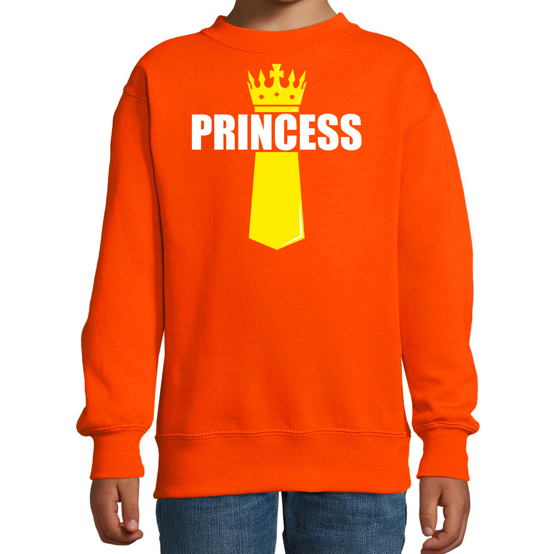 Koningsdag sweater - trui Princess met kroontje oranje voor kinderen