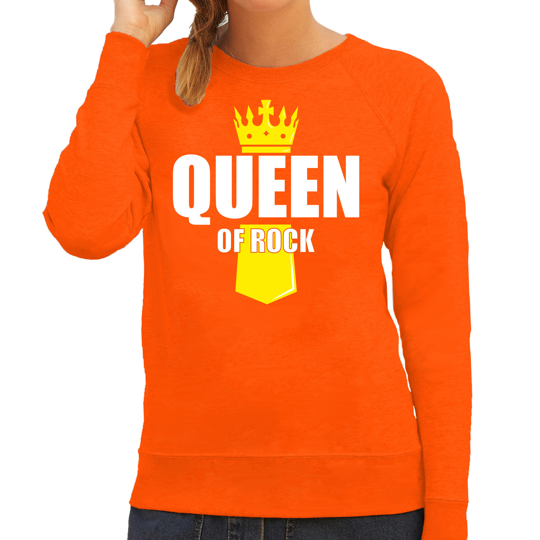 Koningsdag sweater - trui Queen of rock met kroontje oranje voor dames