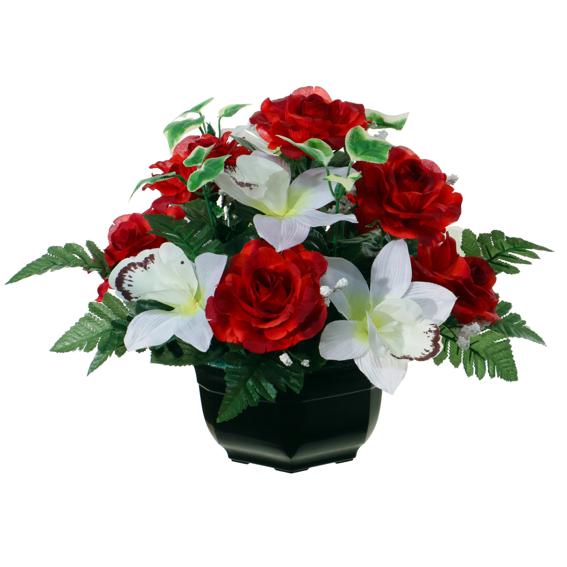 Kunstbloemen plantje orchidee/rozen in pot - kleuren rood/wit - 25 cm - Bloemstuk - met bladgroen