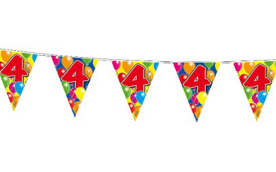 Verjaardag 4 jaar feest thema set 50x ballonnen en 2x leeftijd print vlaggenlijnen