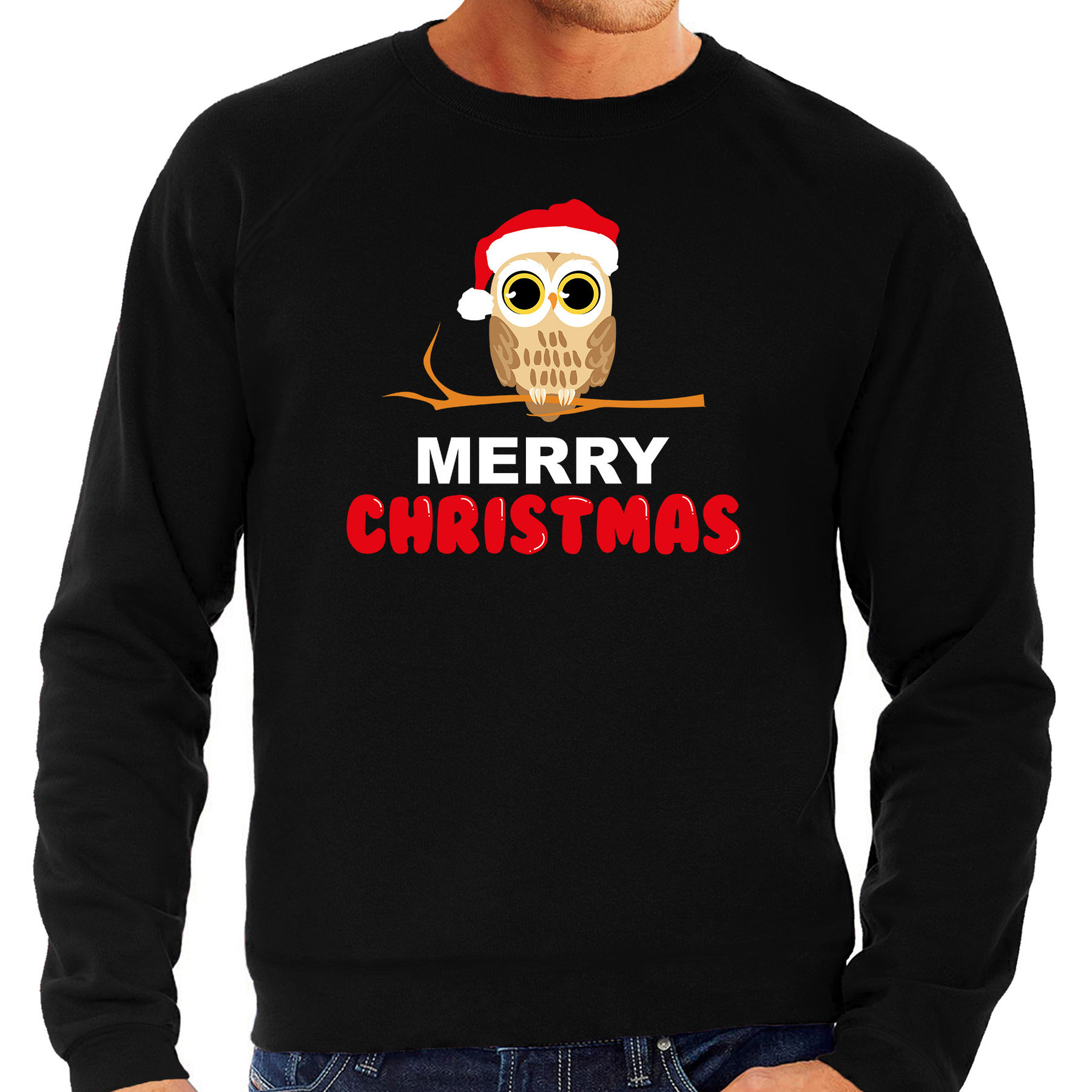 Leuke dieren Kersttrui christmas uil Kerst sweater zwart voor heren