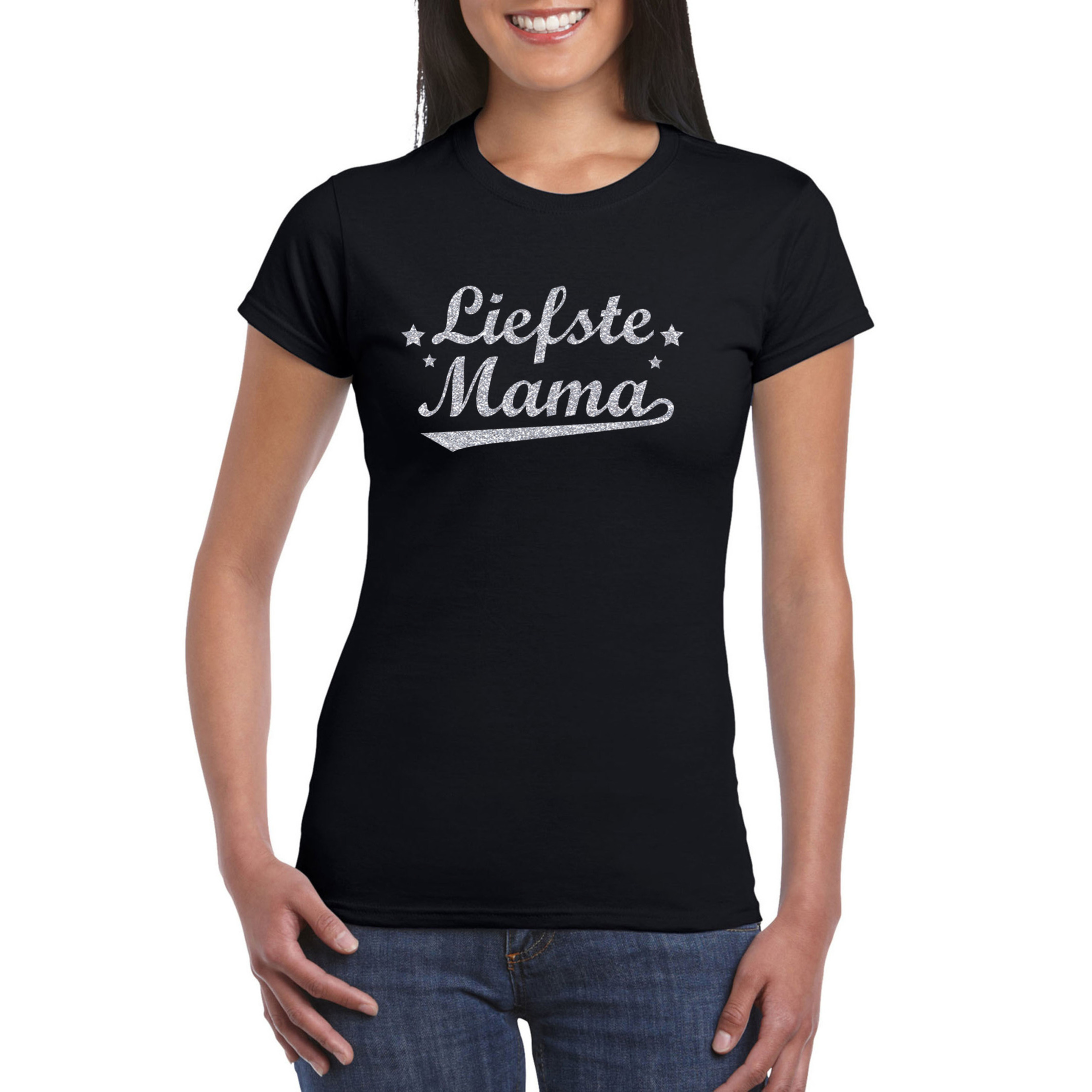 Liefste mama cadeau t-shirt met zilveren glitters op zwart voor dames